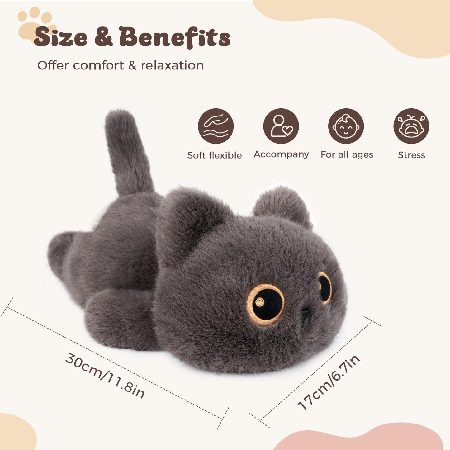 YOUBLEK 1.9 lbs Weighted Stuffed Animals Cat - Dark Grey Cat Plush, Cute Cat Stuffed Animal Kawaii Plushies Hugging Toy Gifts for Kids Boys Girls & Adults