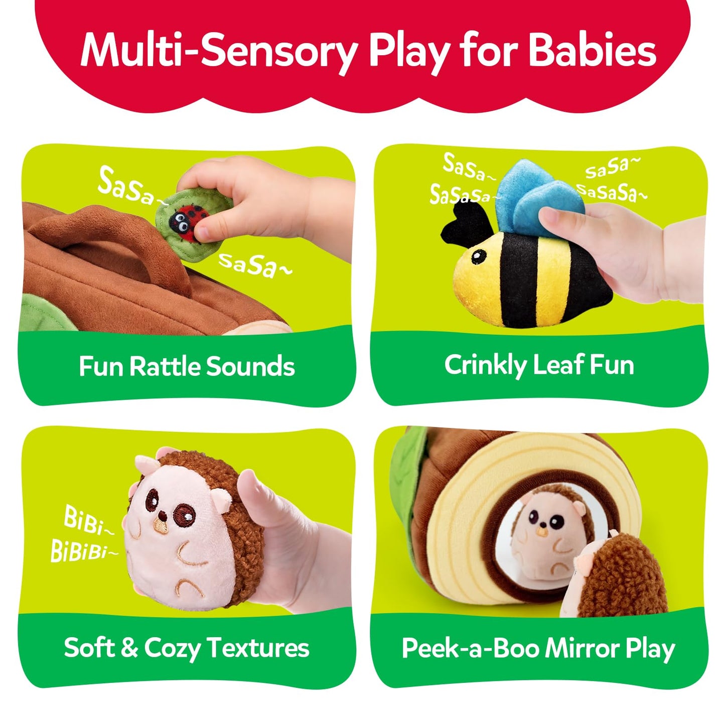 CuteZone Baby Toys 6-12 Months, Stuffed Animals for Babies, Soft Plush Forest Sensory Toy Set with Rattle, Crinkle, Mirror and Tree Stump Storage, Cause and Effect Baby Toy