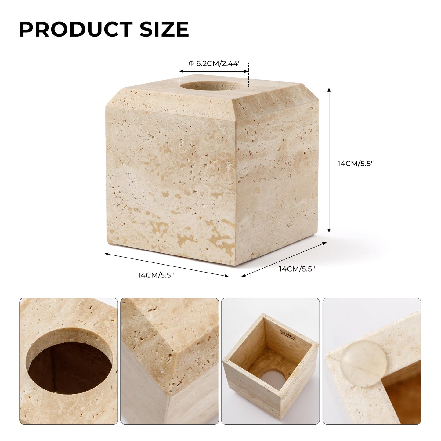 WORHE Tissue Box Cover Italy Natural Travertine Stone Heavy Duty Square Facial Toilet Paper Holder for Bathroom Living Room Bedroom Dresser Kitchen Minimalistic Office Home Decor Beige (TBC145WT)