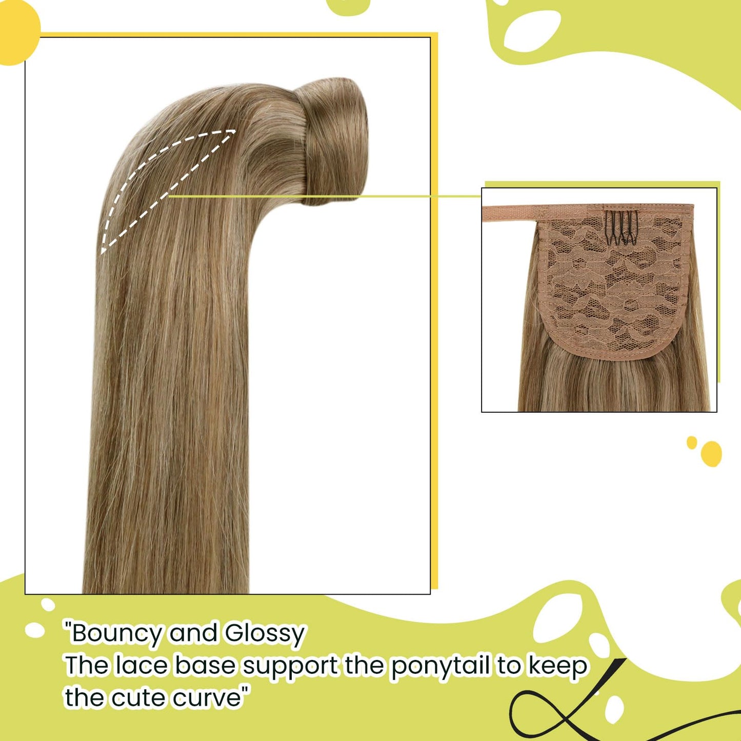 RUNATURE Hair Ponytail Extension Blonde Straight Human Hair Ponytail Extension 16 Inch Dark Blonde with Caramel Blonde Short Ponytail Human Hair Extension with Magic Paste Full Ends 80g