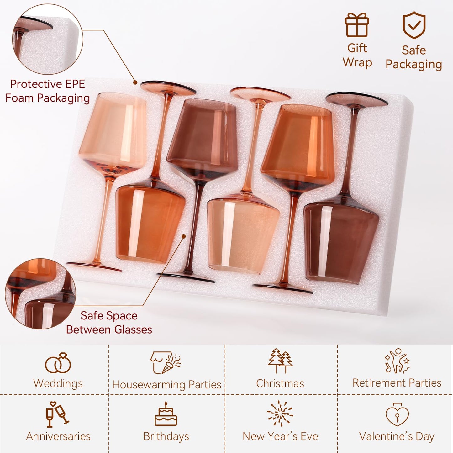 Cyrelwing Brown Wine Glasses Set of 6-18oz【Hand Blown】 Crystal Amber Stemmed Venus Wine Glasses-Brown Wine Glass set for Fall Autumn Winter Wine Dinner