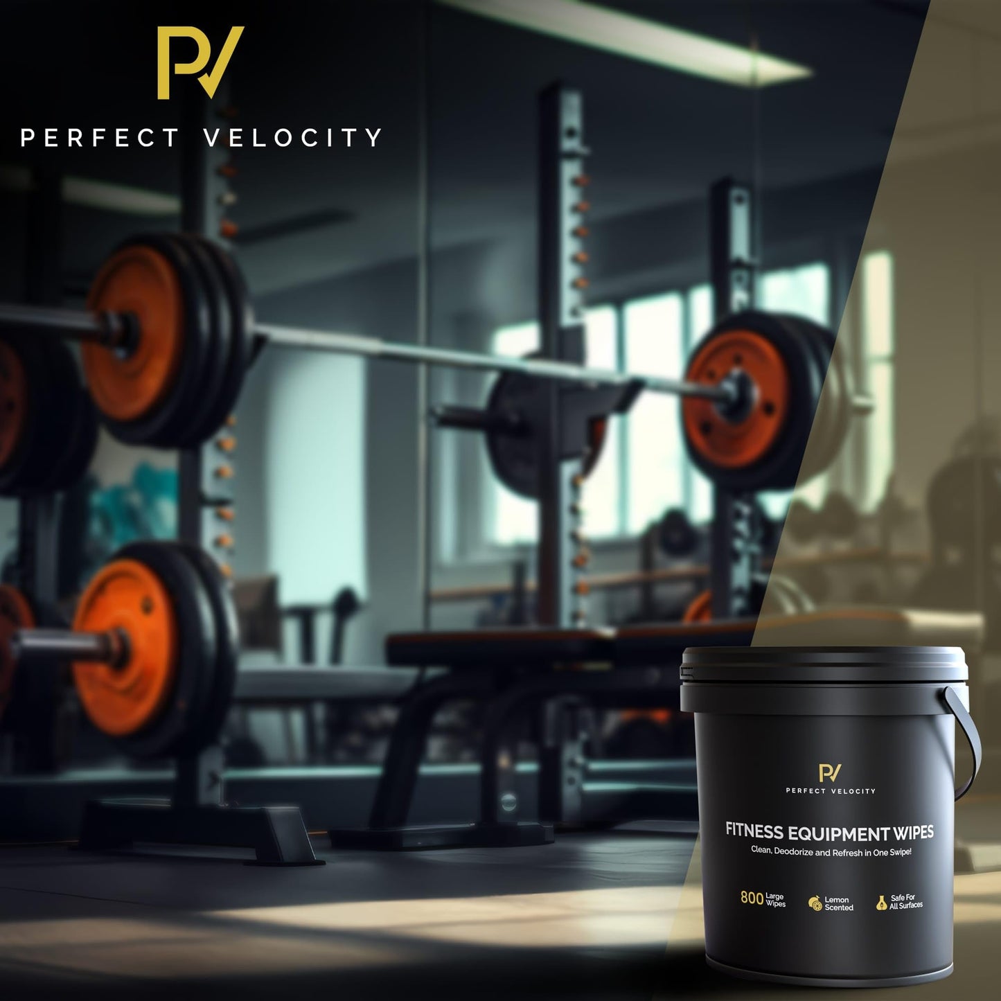 Perfect Velocity Fitness Equipment Wipes with Reusable Bucket Dispenser - 800 Pre-Moistened Lemon Scented Multi-Surface Wet Wipes - All Purpose Gym Cleaner for Yoga Mats & Exercise Equipment