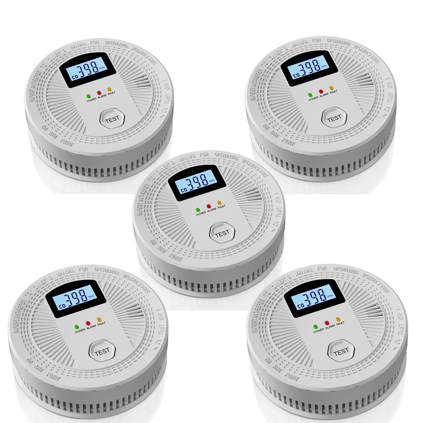 5 Pack Combination Photoelectric Smoke and Carbon Monoxide Alarm Detector with LCD Display; Battery-Operated Smoke Carbon Monoxide Alarm