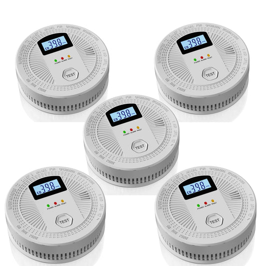 5 Pack Combination Photoelectric Smoke and Carbon Monoxide Alarm Detector with LCD Display; Battery-Operated Smoke Carbon Monoxide Alarm