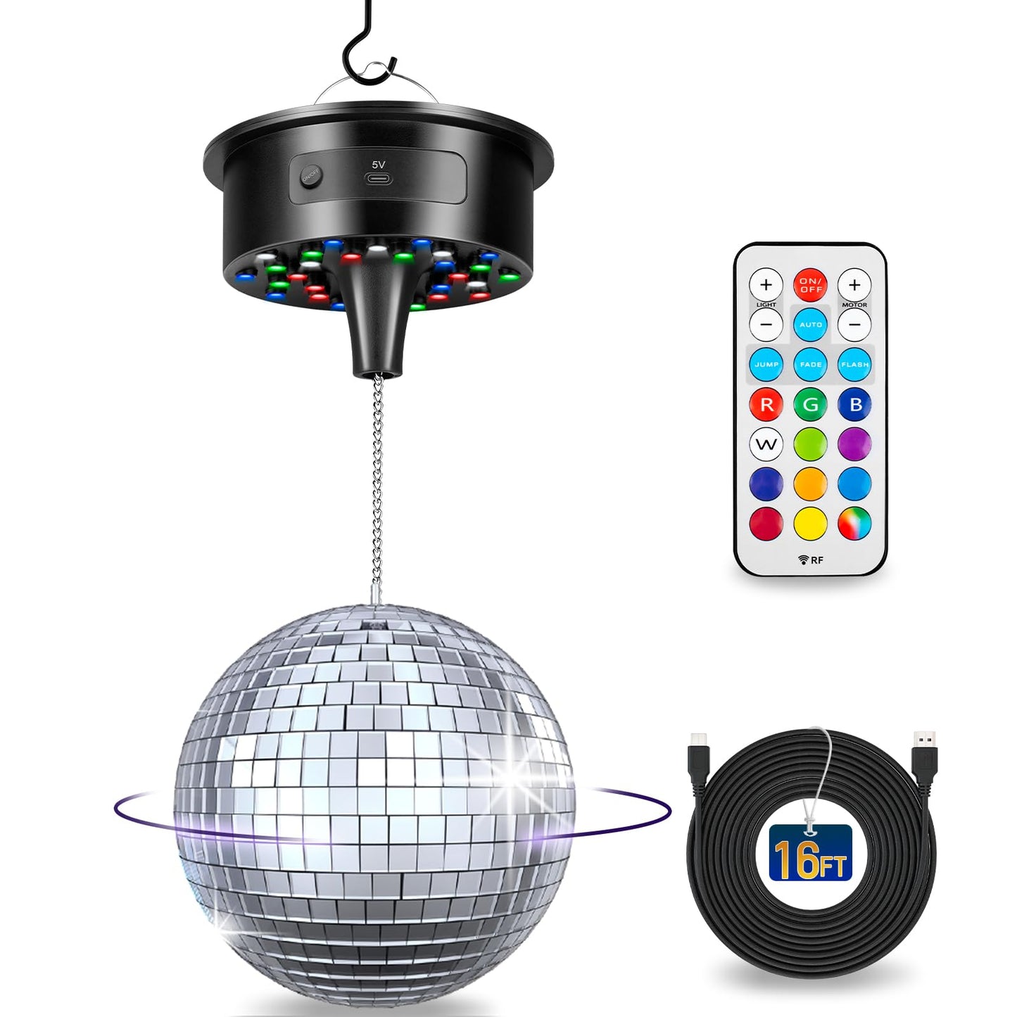 Disco Ball with Motor and 6 Inch Mirror Ball, Rotating 0/3/6/9/12/15 RPM Variable Speed,12 Lighting Colors and 4 Light Modes, 16 FT USB Power Cable and Remote Control, for Party Wedding Christmas
