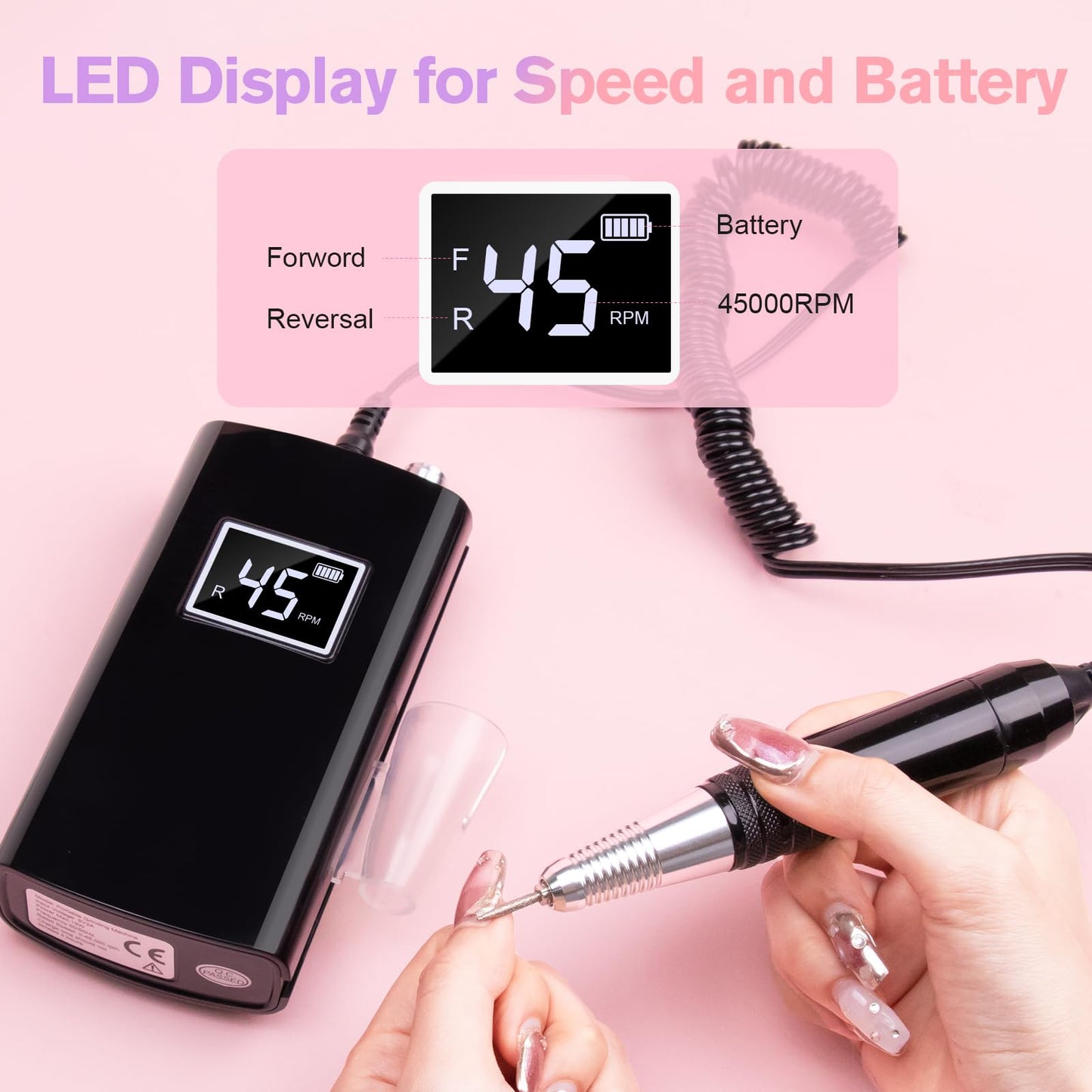 Beloving Portable Nail Drill Professional, 45000RPM Rechargeable Nail Drill Electric File Machine for Acrylic Gel Polish Remover, Cordless Nail Kit for Manicure Pedicure with 11 Bits for Salon Home