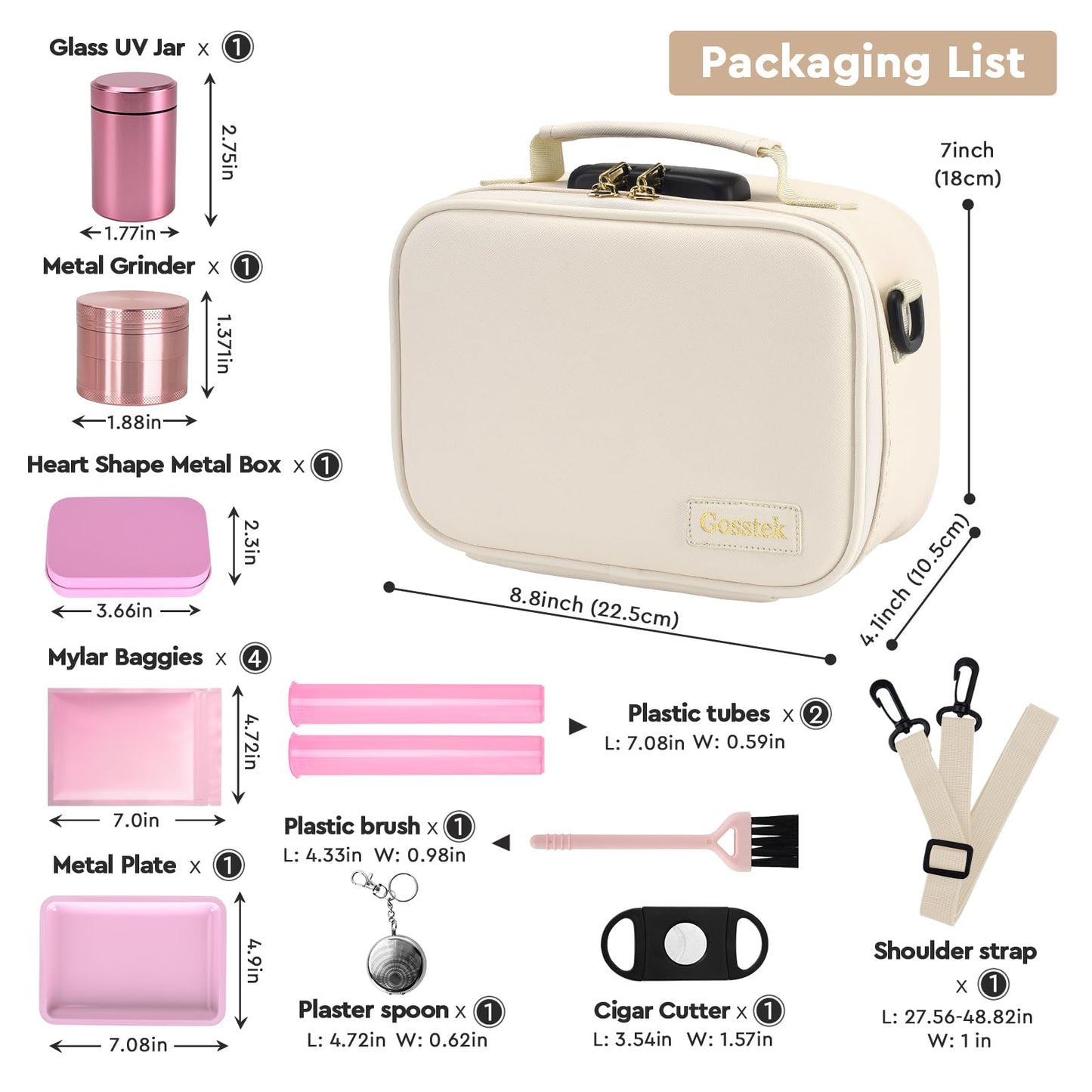 Gosstek PU Leather Storage Bag with 10 PCS Accessories, Portable Cosmetic Box Case with Lock and Great Gift for Women, Childproof Organization Container Box 9 X 6 X 4 Inches (Beige)