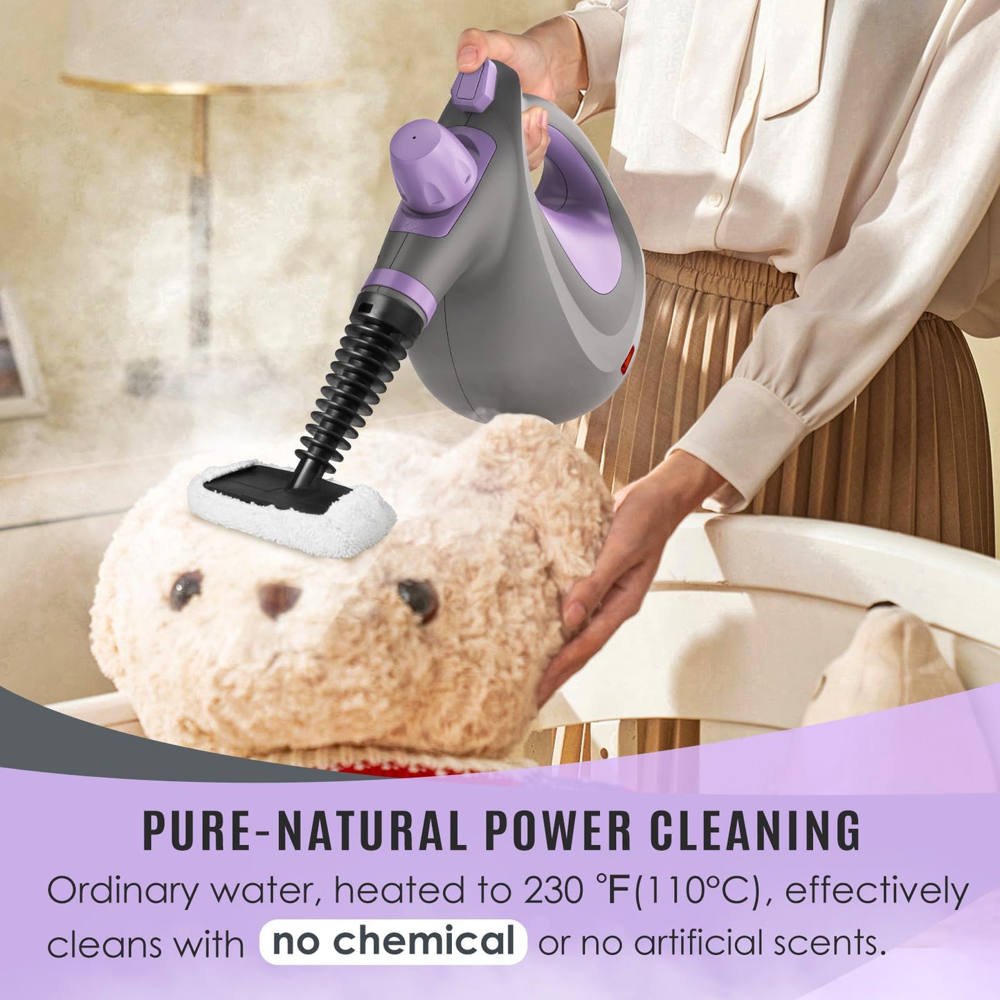 Pressurized Handheld Multi-Surface Natural Steam Cleaner with 12 pcs Accessories, Multi-Purpose Steamer for Home Use, Steamer for Cleaning Floor, Upholstery, Grout and Car (Purple)