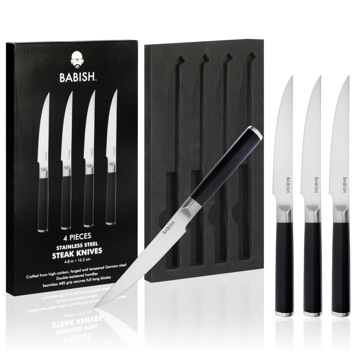 Babish 4-Piece Forged Kitchen Steak Knife Set – High-Carbon 1.4116 German Steel Cutlery – Sharp & Durable Steak Knives for Dining and Grilling