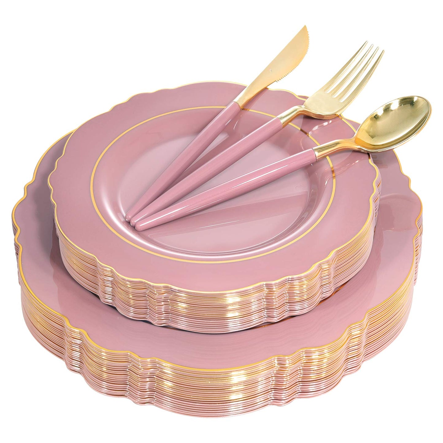 Nervure Purple Plastic Plates 100 Packed- Mauve and Gold Disposable Plates & Gold Plastic Silverware with Purple Handle For Wedding&Coming Spring Parties - Served for 20Guests