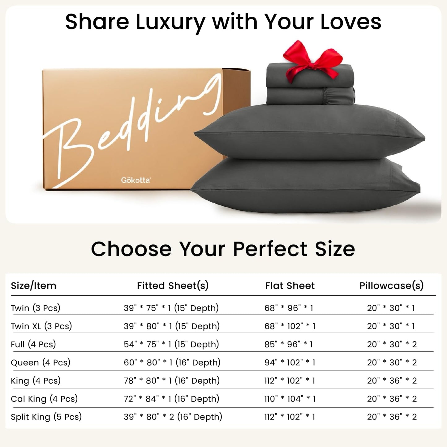 GOKOTTA 4-Pcs Queen Sheet Set, 16 Inch Deep Pocket Queen Sheets with Elastic Corner Straps, Brushed Microfiber Polyester - Hotel Luxury, Ultra Soft, Breathable, Anti-Rip, Wrinkle-Free - Dark Grey