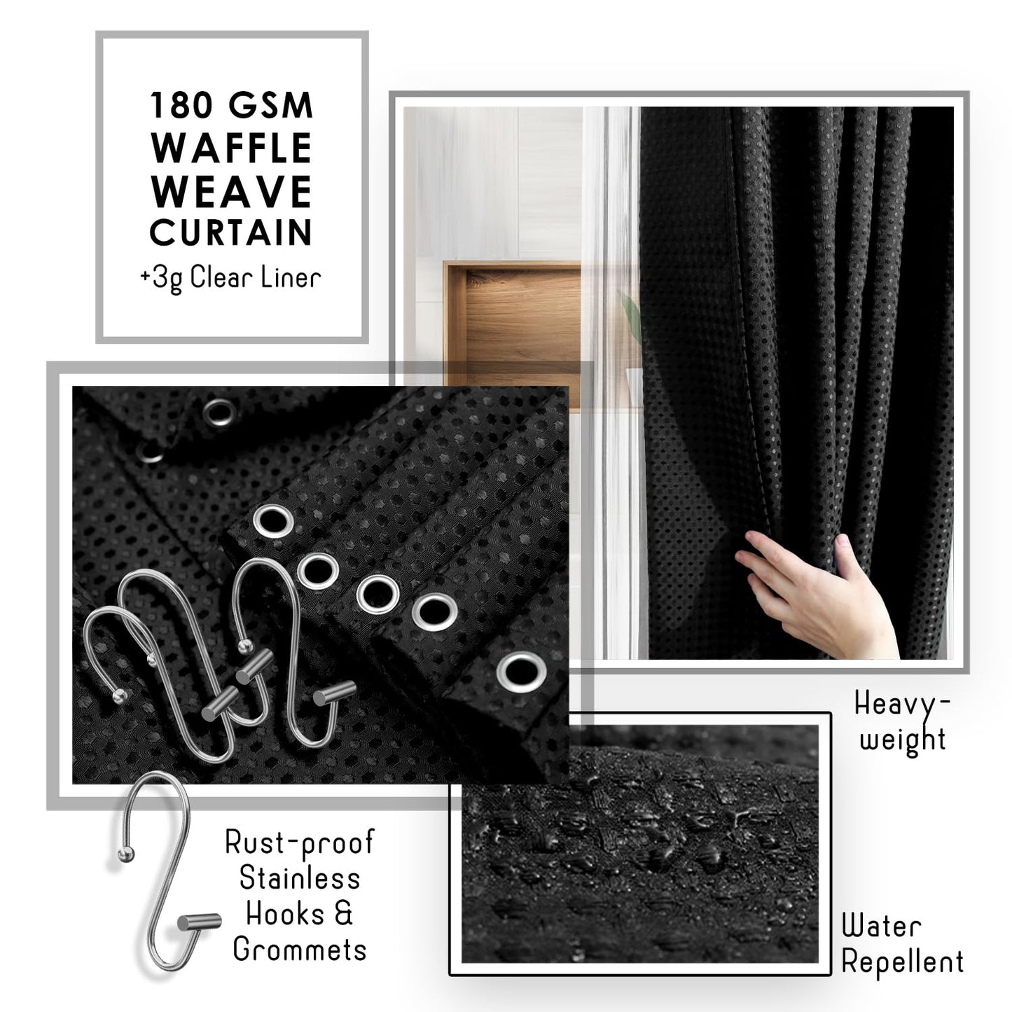 Clara Clark Bathroom Accessories Set - Bathroom Set, Bathroom Sets with Shower Curtain and Rugs, Shower Curtain Set with Bathroom Trash Can - Black - 22PC