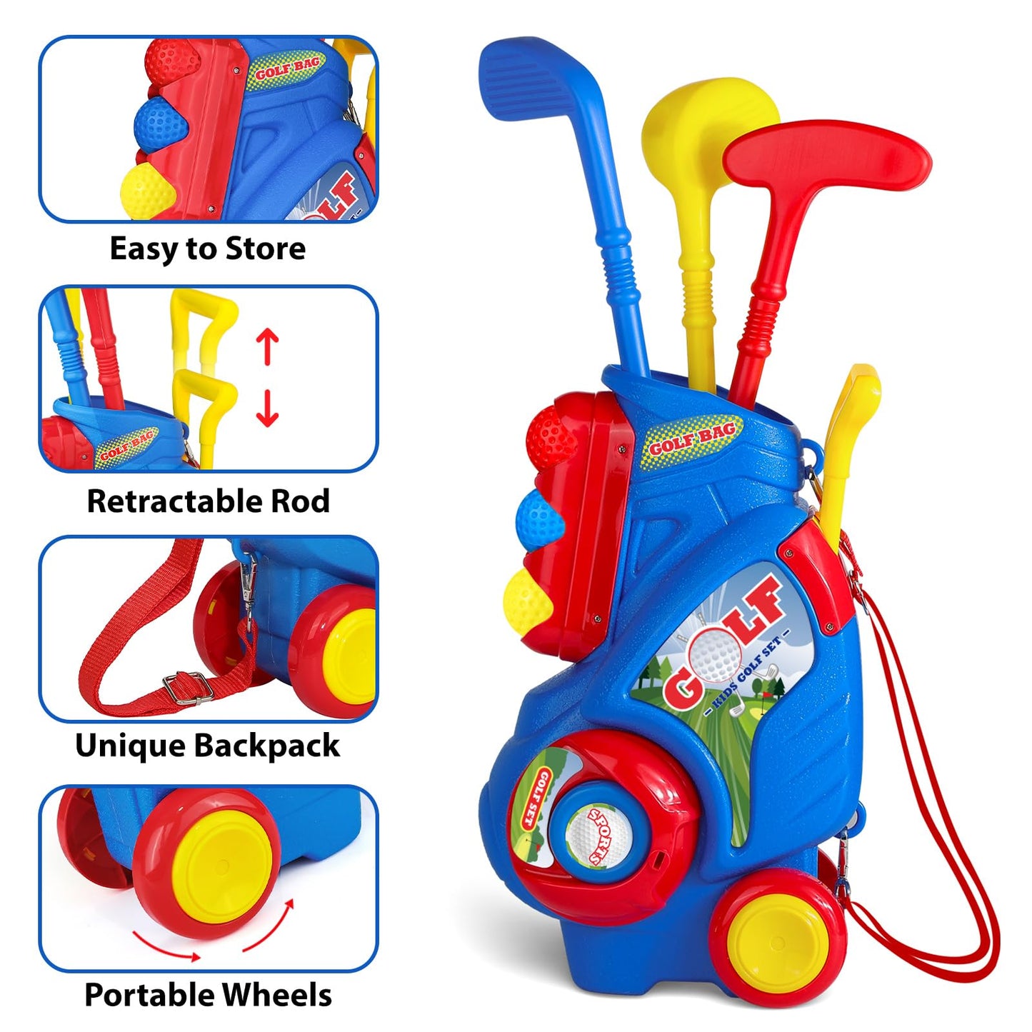 Jovizo Toddler Golf Set for Boys Girls 2 3 4 5 Years Old, Kids Golf Clubs Set with Cart & Putting Mat, Outdoor Indoor Sports Toys Birthday Gift, Blue