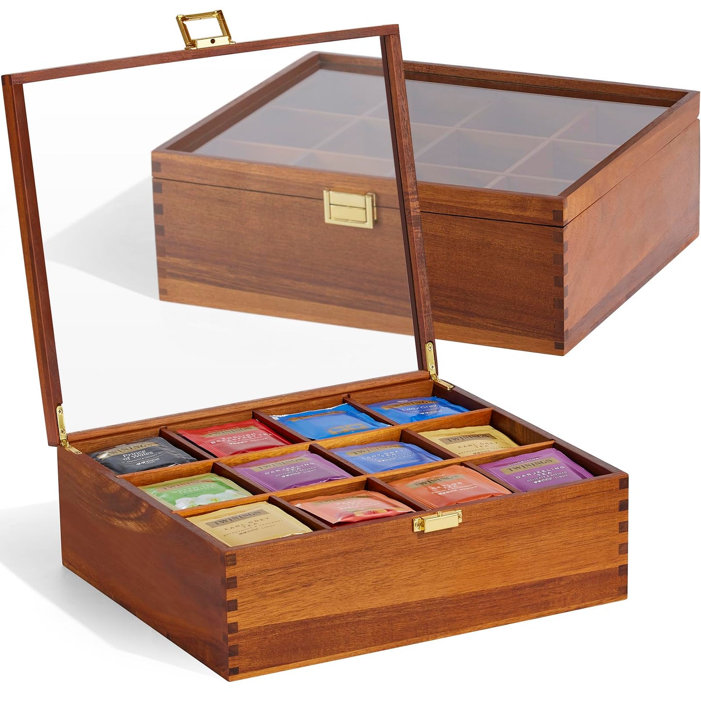 HouseJoy Tea Bag Organizer, Acacia Wood Tea Storage Box, 12 Compartments Tea Bags Storage Drawer with Clear Glass Window, Tea Bag Holder for Countertop Kitchen Cabinet Pantry - Keeps Tea Bags Fresh
