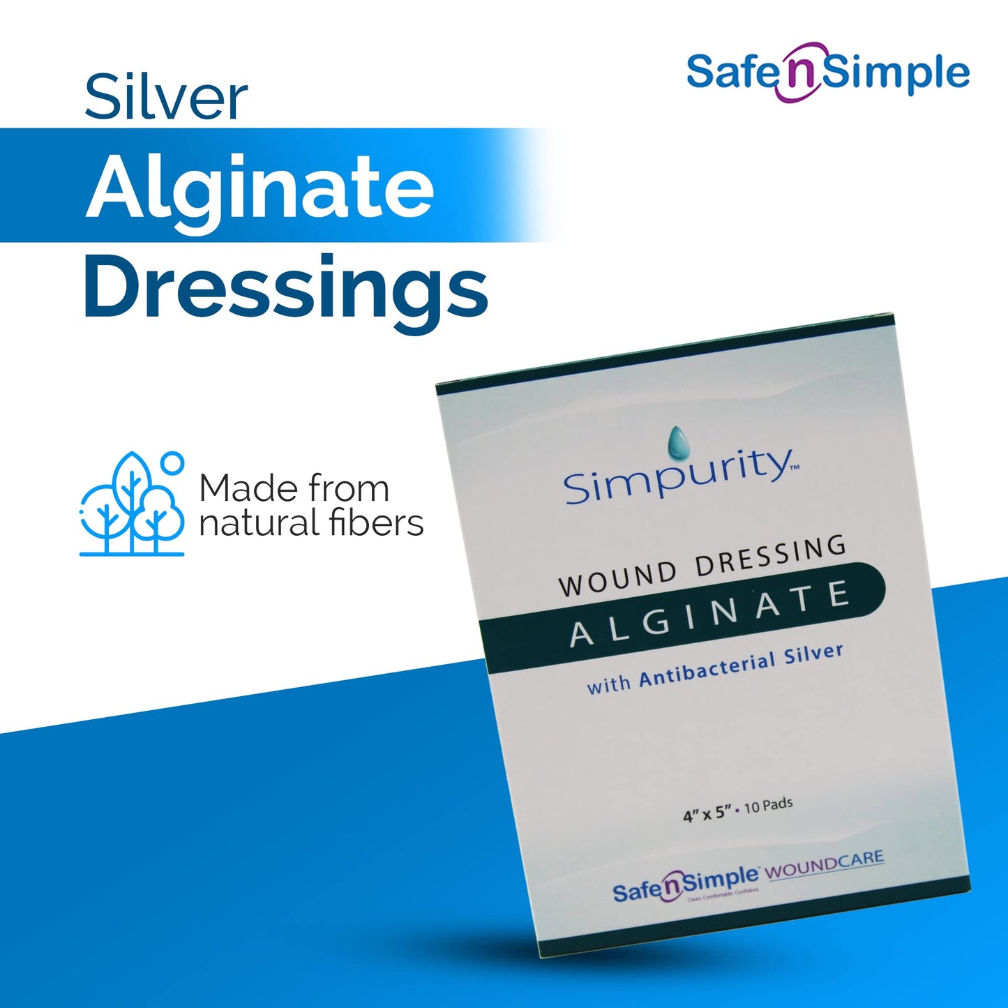 Simpurity Alginate Wound Dressing First Aid with Antimicrobial Silver, 4" x 5", Box of 10 - Calcium Alginate Dressing