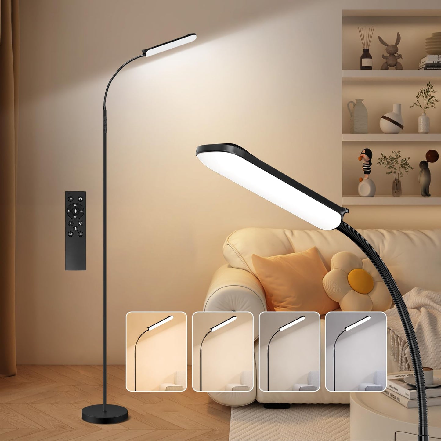 FRIDEKO HOME Dimmable LED Floor Lamp, 1800LM 4 CCT Gooseneck Light with Remote & Touch Control, Eye-Friendly Task Lamp for Painting Over Chair Crafts Lash Extensions Bedroom Office Living Room, Black