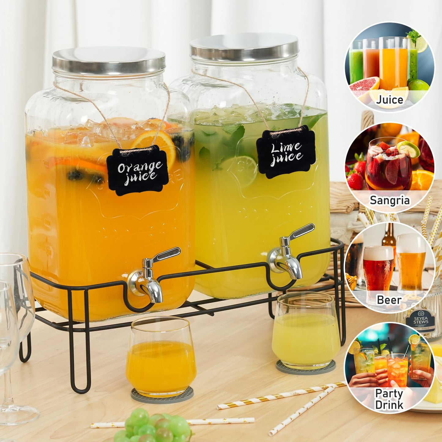Moretoes 2 Gallon Glass Drinks Dispenser for Parties, 2 PACK Beverage Dispenser with Stand for Juice and Iced Tea, Water Jug Dispenser for Lemonade, Party Essential Beverage Pitcher with Spout