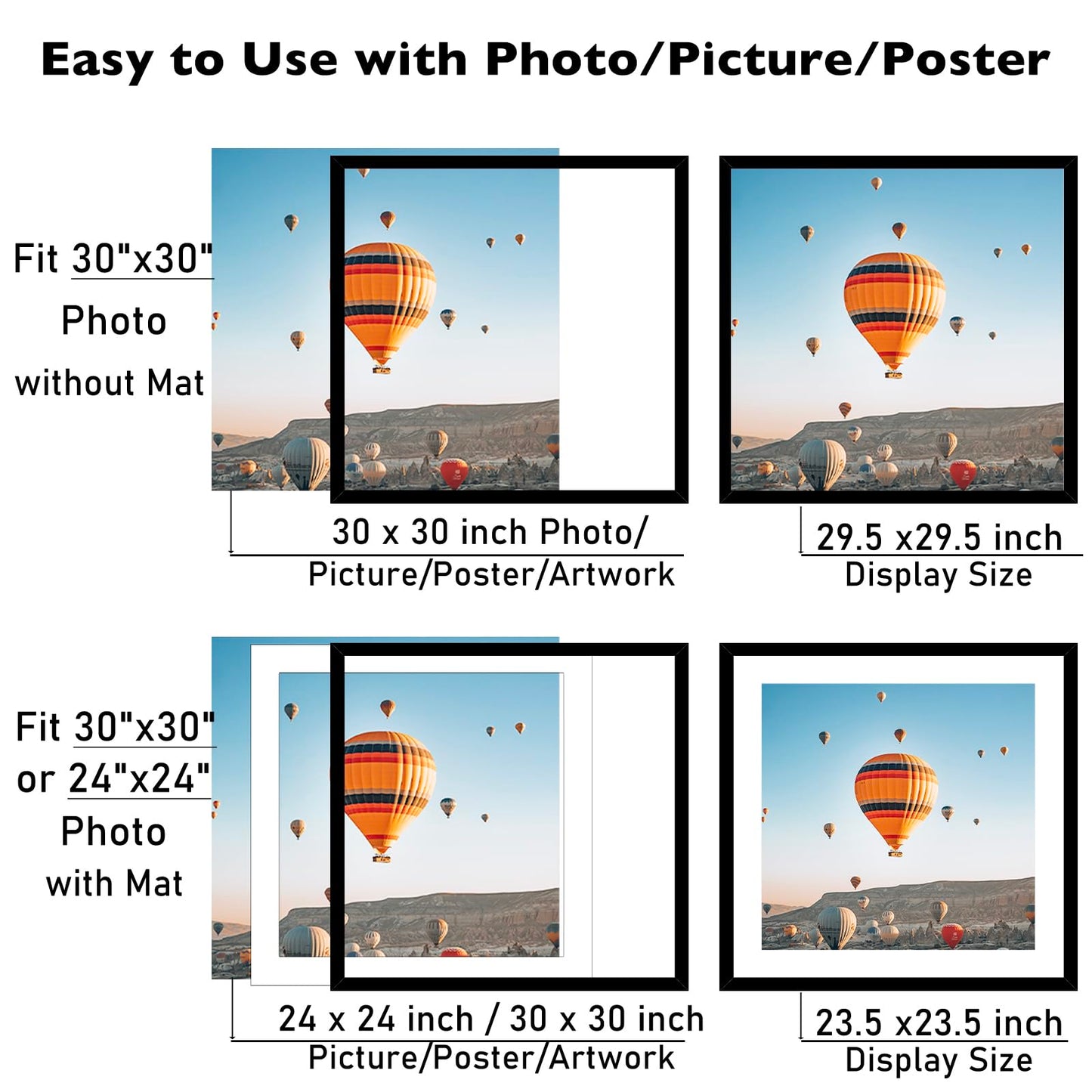 JCJMY 30x30 Picture Frame Black with 24x24 Mat, Display Photo 24x24 with Mat or 30 x 30 Without Mat, Wall Hanging Large 30x30 Poster Frame with Shatter Resistant Plexiglass, Black