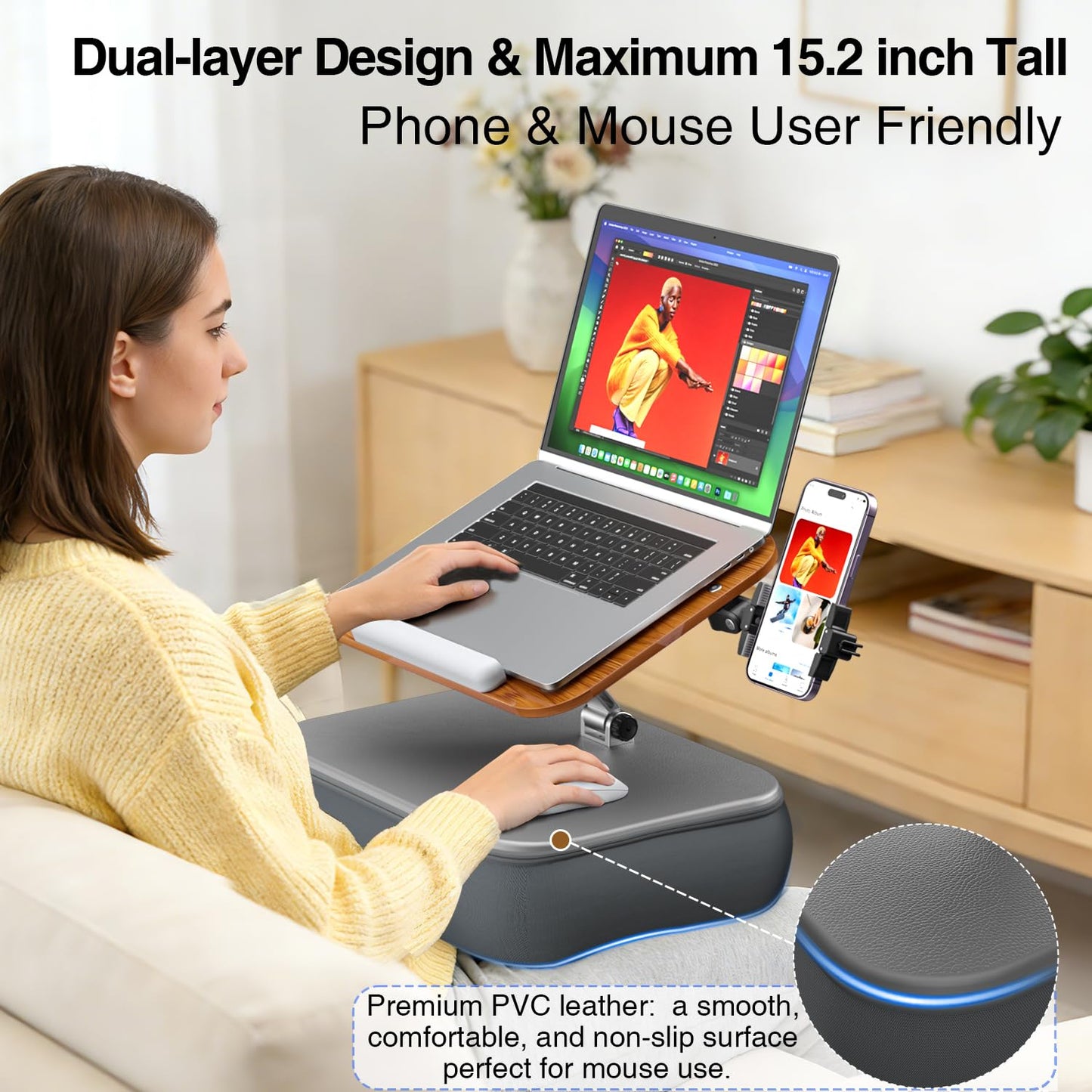 V-Hold Height & Angle Adjustable Laptop Lap Desk, Laptop Desk with Cushion, Fits up to 16 inch Laptops & Tablet, Bean Bag Pillow Stand, Lap Desks for Home, Office, Bed, Couch, Desk, Car and Recline