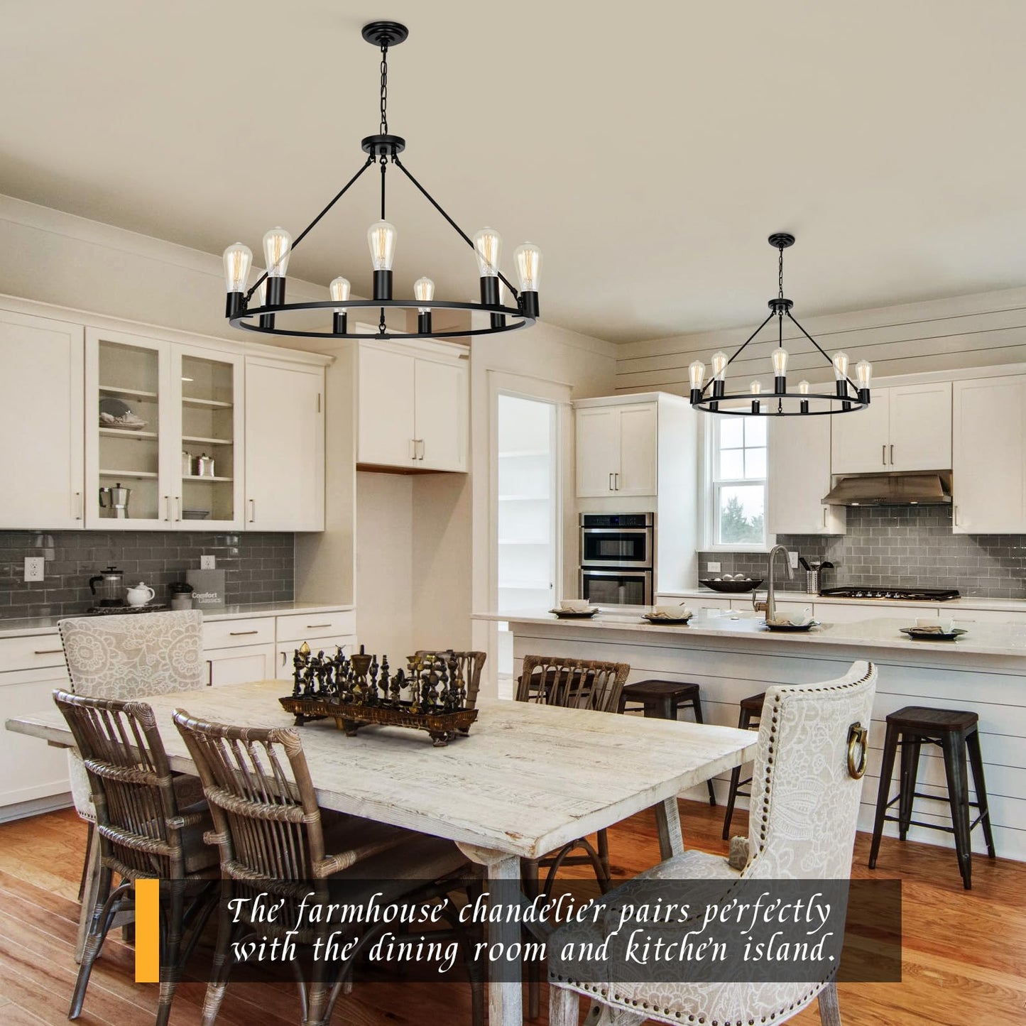 Senyshilon 9-Lights Farmhouse Chandelier | Dia 32'' Black Wagon Wheel Chandelier | Rustic Hanging Dining Room Light Fixture | Apply to Living Room | Kitchen Island | Entryway | Foyer