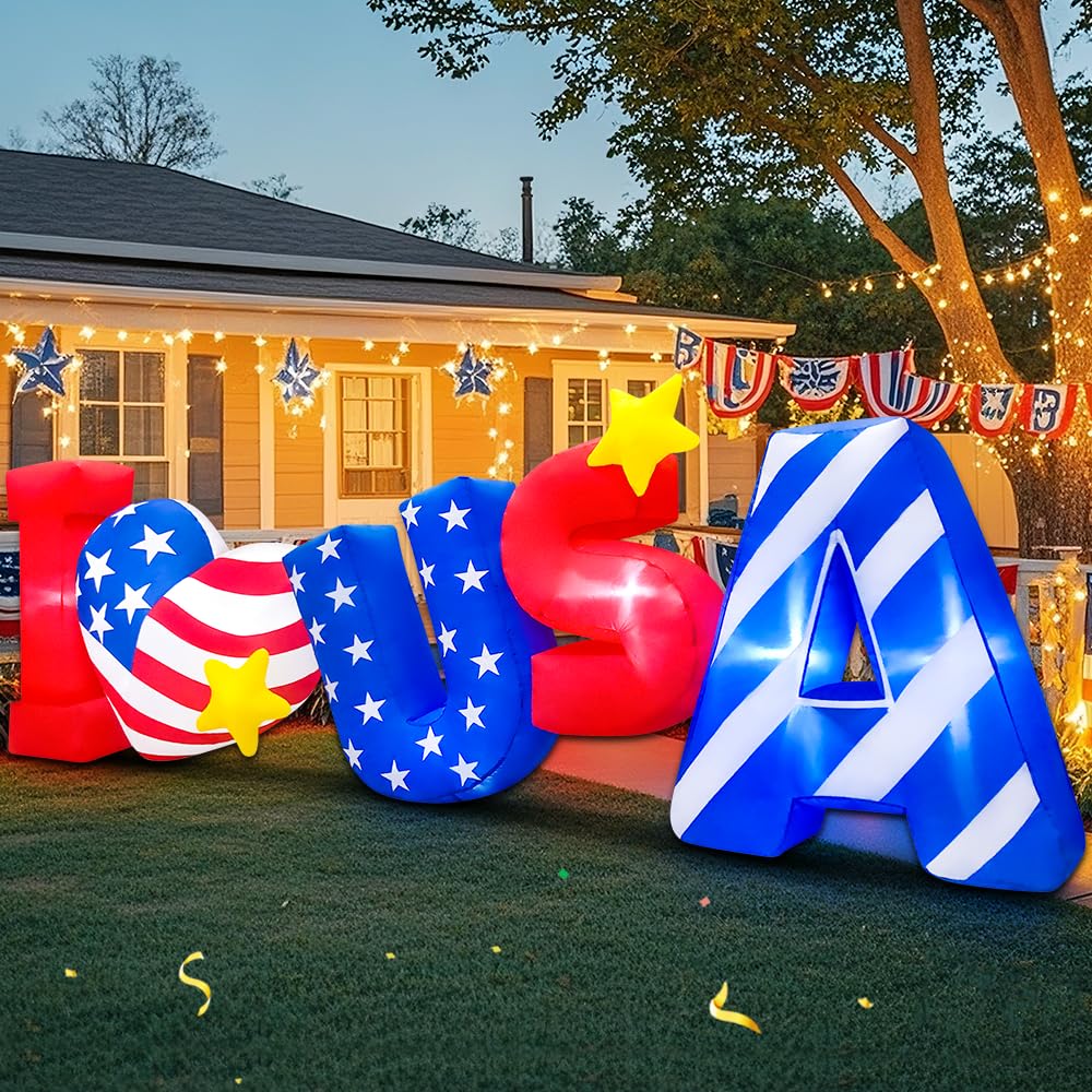 8FT Patriotic Independence Day 4th of July Inflatable Outdoor Decoration, Inflatables ILOVEUSA Decor, Built in LED Lights Blow Up Fourth of July Decor for Holiday Party Garden Yard Lawn