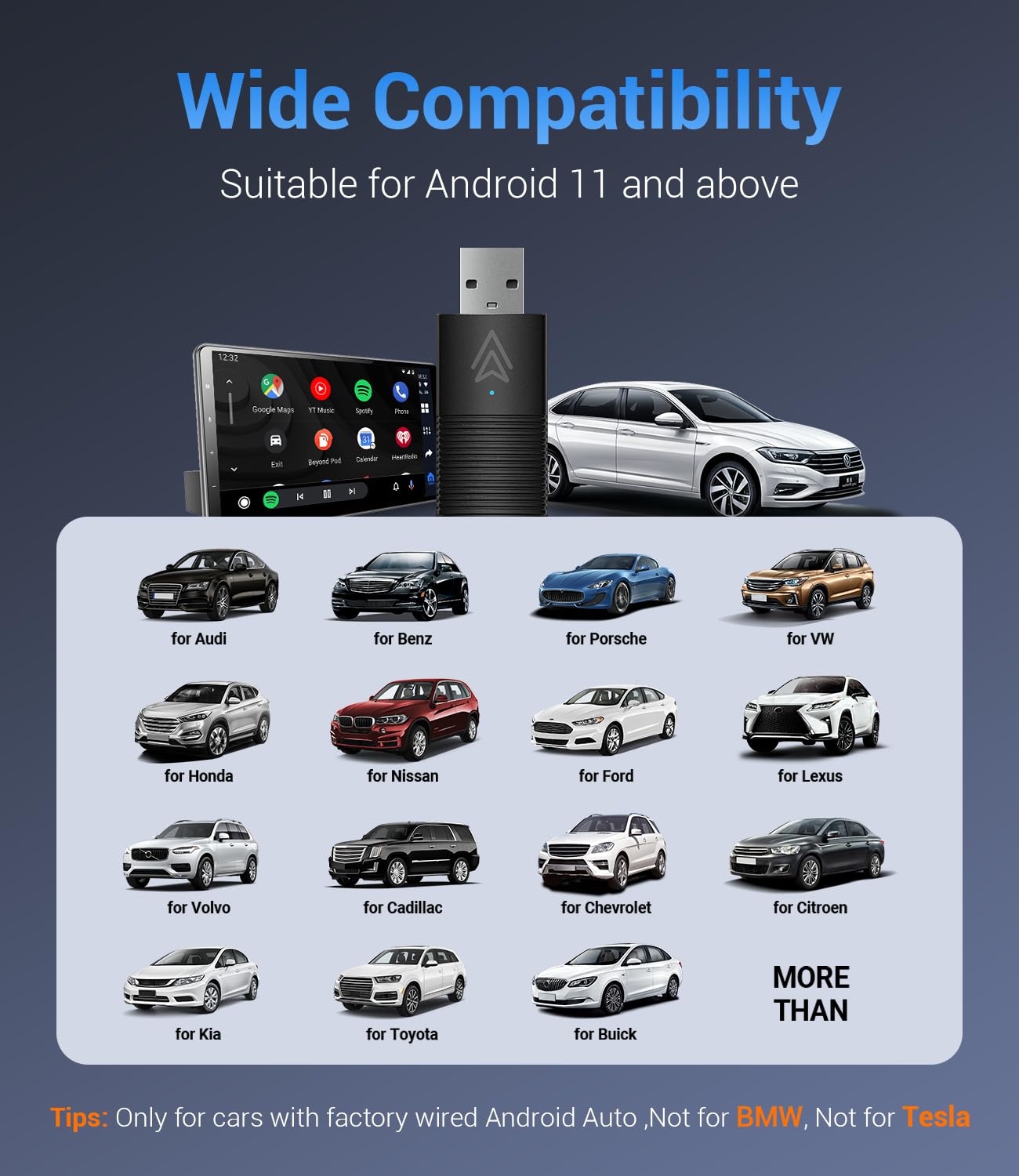 Android Auto Wireless Adapter for Factory Wired Android Auto Cars from 2016, Mini Wireless Android Auto Car Adapter Converts Wired Android Auto to Wireless, Plug & Play, Online Update (Black)