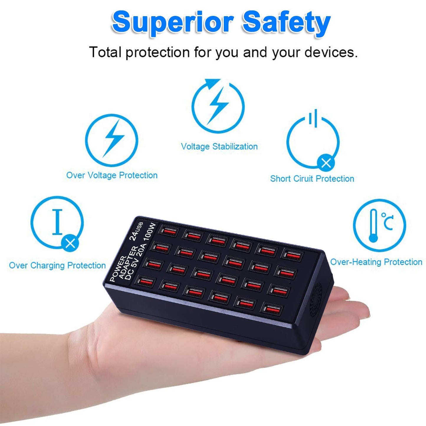 24-Port 100 watt (20 A) USB Charging Station, Home Desktop Fast Charger, Multiple Chargers, Suitable for Hotels, Shops, Schools, Shopping malls and Travel