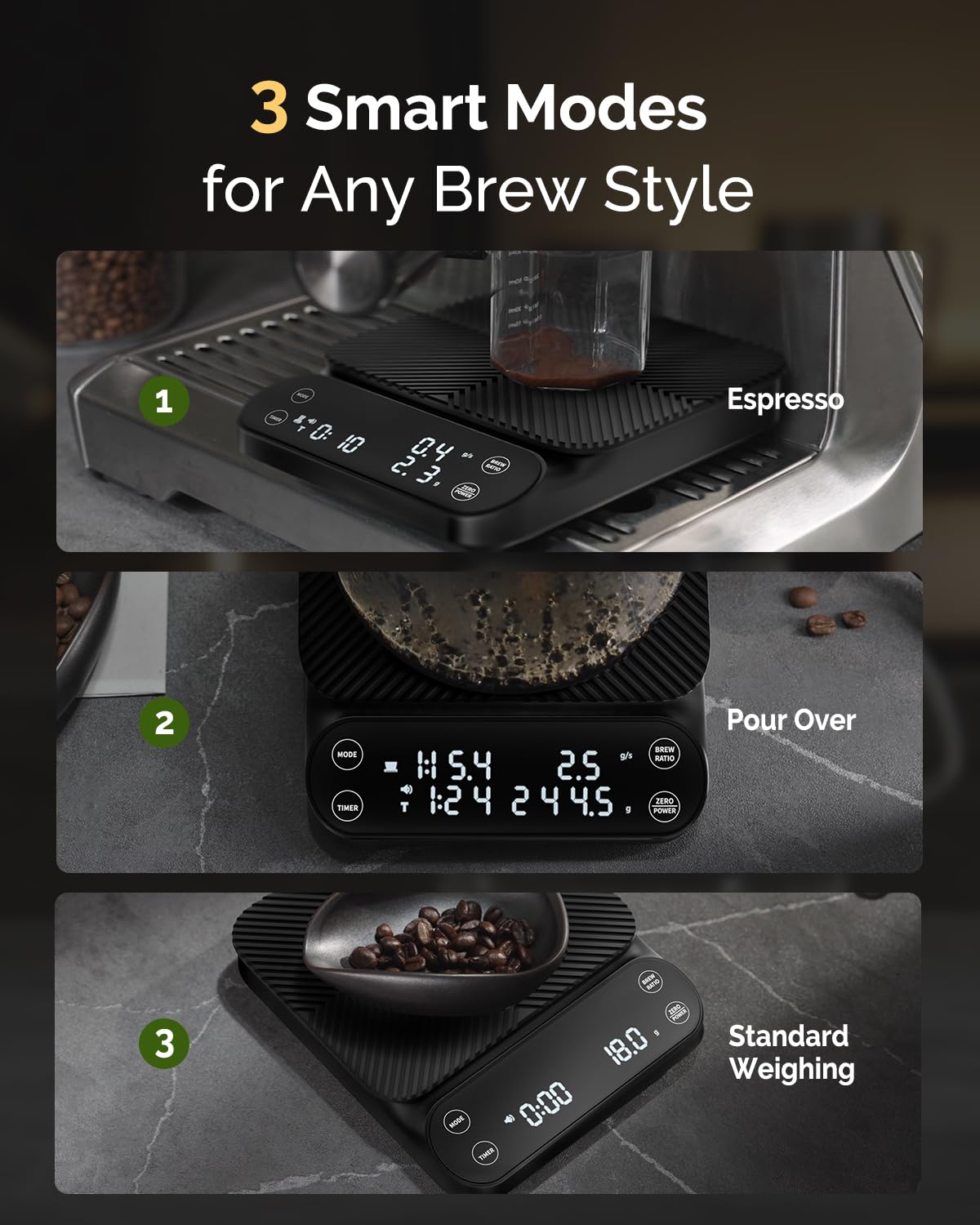 Maestri House S3 Coffee Scale with Timer, 3kg/0.1g Rechargeable Pour Over Coffee Scale, 3 Brew Modes, Adjustable Brew Ratios & Flow Rate Display, Scale for Pour Over, Espresso & French Press-Black