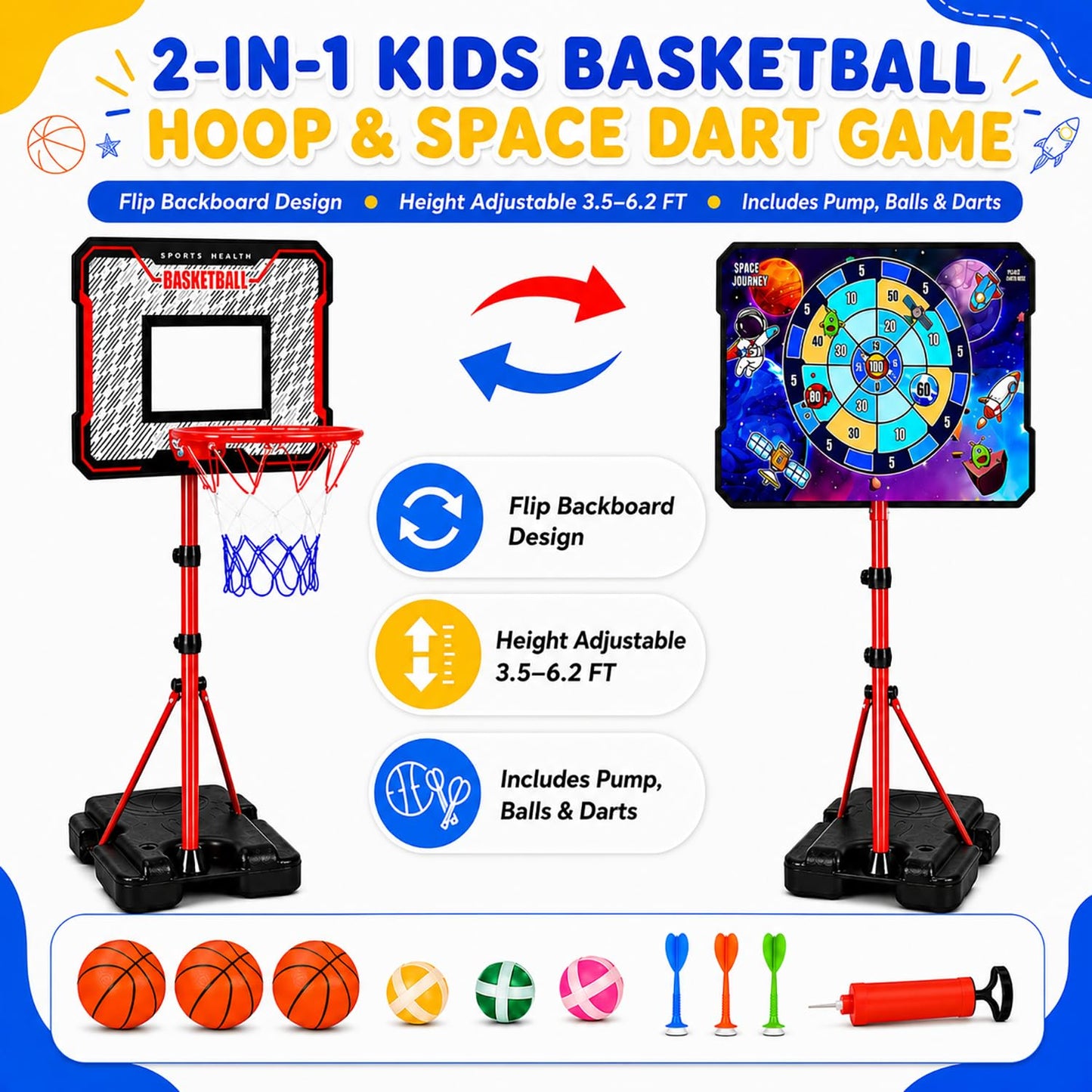 MinoSkia 3-in-1 Kids Basketball Hoop with Dart Game, Height Adjustable 3.5-6.2FT Indoor Outdoor Portable Kids Basketball Hoop for Boys & Girls Ages 3-8, Includes Pump & Balls, Space Theme Dart Board