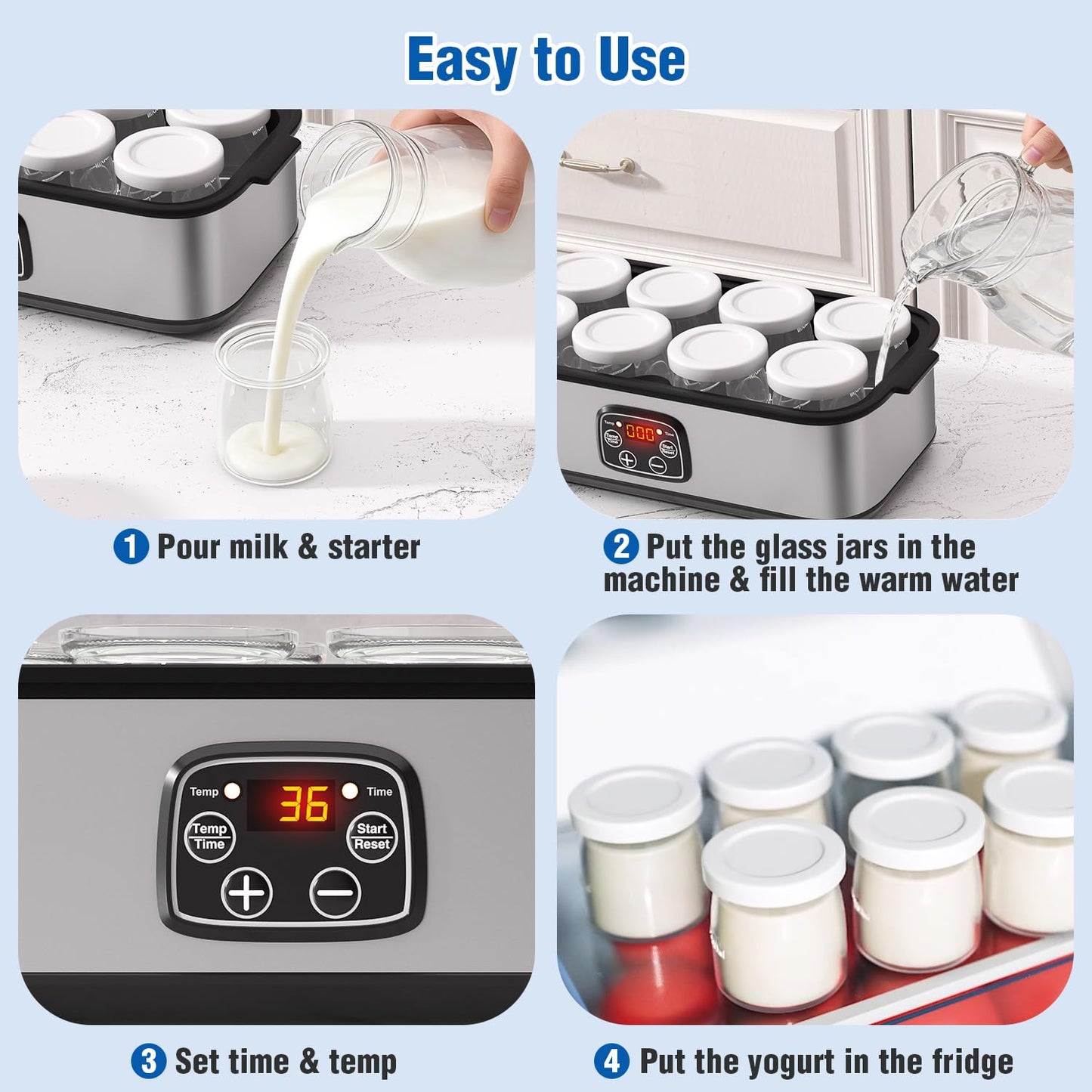 Yogurt Maker with Adjustable Time and Temp Control, Yogurt Maker Machine with Automatic Shut-Off & Constant Temper for Homemade Probiotic, Greek Yogurt, BPA-Free (Black Grey, 48 oz/8 Jars)