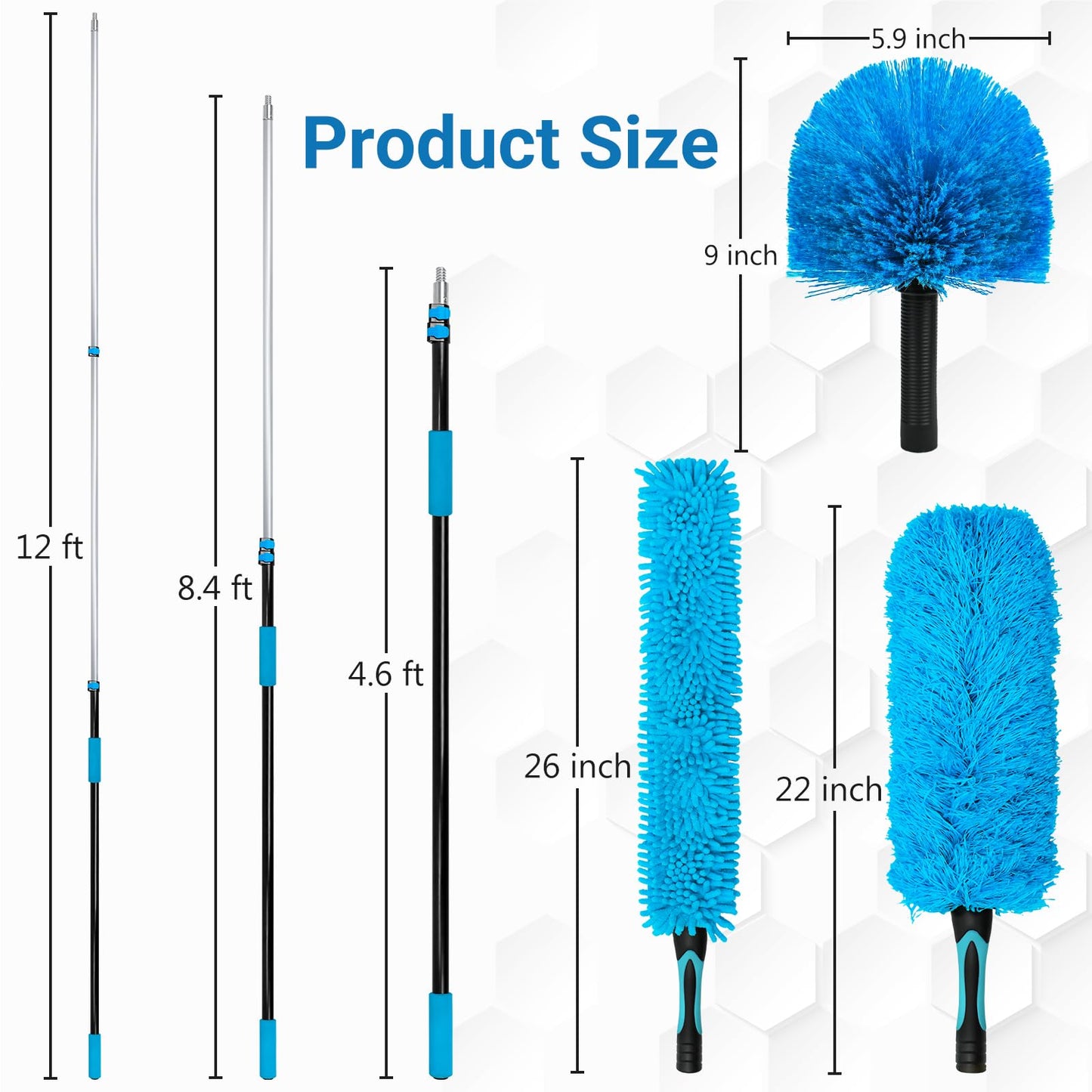 20FT High Ceiling Fan Duster with 5-12FT Extension Pole, Extendable Reusable Cobweb and Bendable Feather Duster Kit for Cleaning Spiderweb and Dust