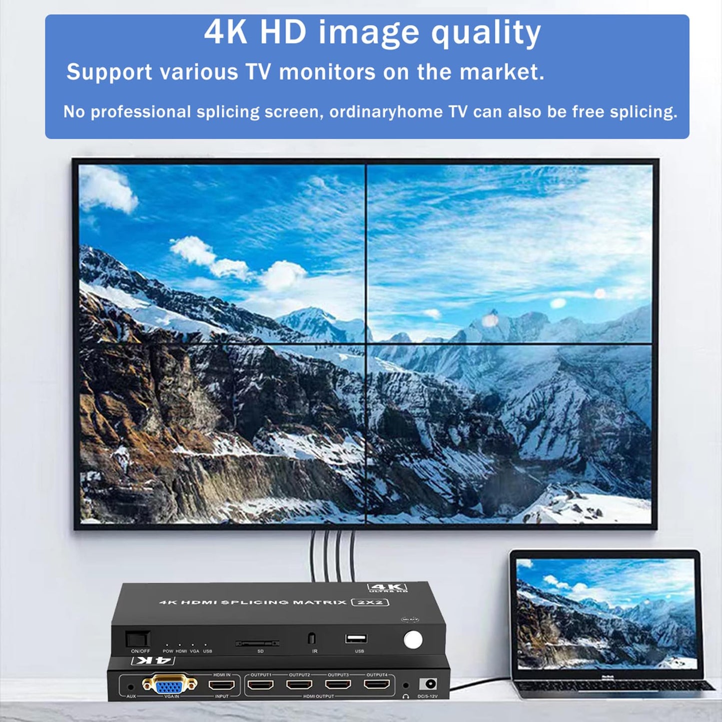 4-in4-out Video Wall Controller 2x2, HDMI & VGA & USB & SD Support 4K Input TV Wall Controller,1080P Output TV Wall Processor,180 Degree Rotate 1x2,1x3,1x4,2x2,2x1,3x1x4x1