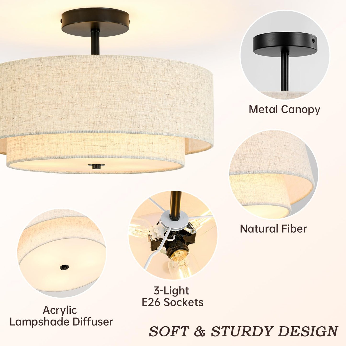 Outiron 16" Semi Flush Mount Ceiling Light, 3-Light Drum Ceiling Light Fixture with 2-Tier Fabric Linen Shade, Farmhouse Chandelier for Dining Room, Living Room, Bedroom, Kitchen, Hallway, Entryway