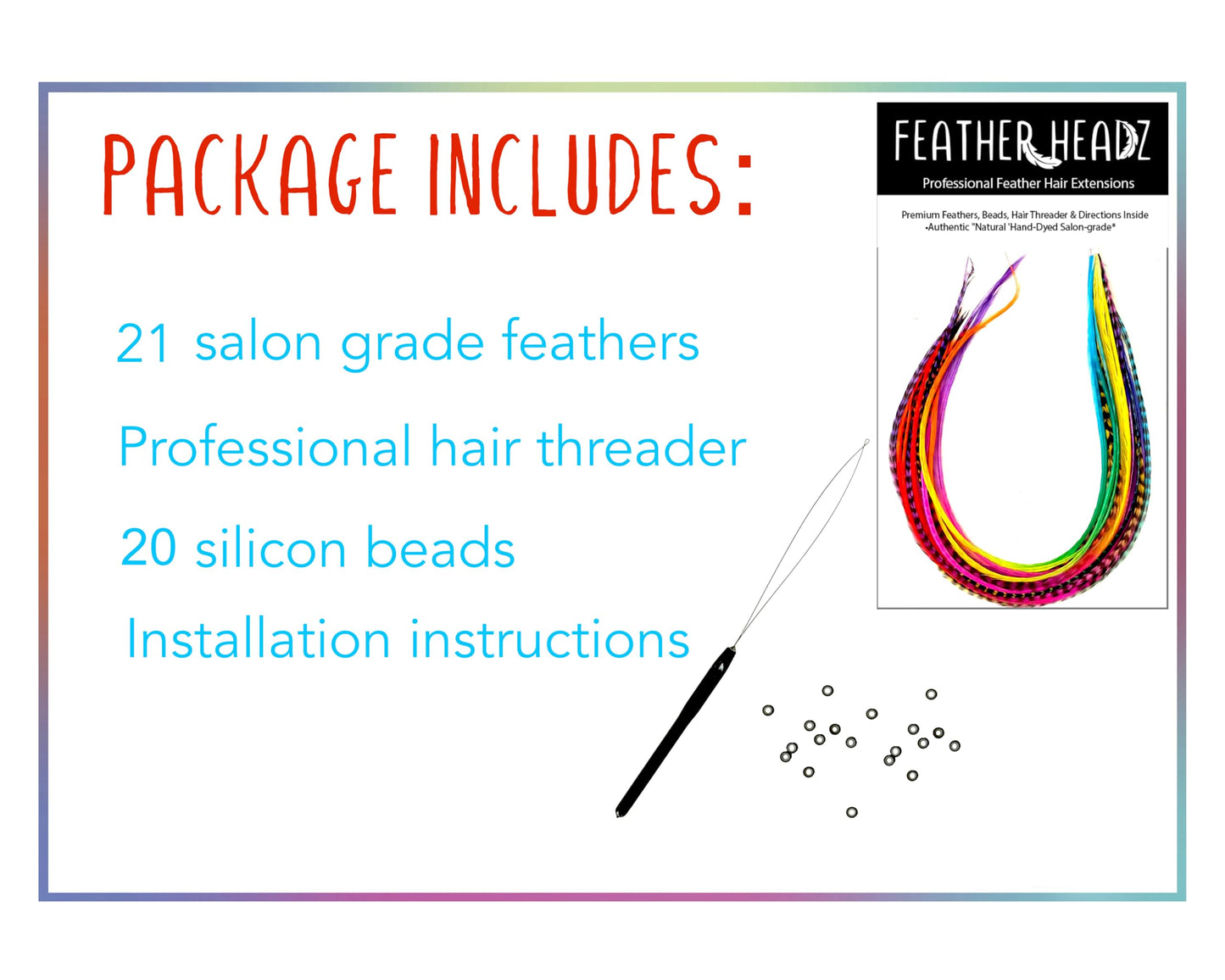 21 Rainbow Tie Dye Color Hair Feathers - 9”- 14” Long - Feathers for Hair Extension, Hair Extension DIY Kit - Eye-Catching Design - 20 Micro-link Beads - 100% Real Rooster Feathers