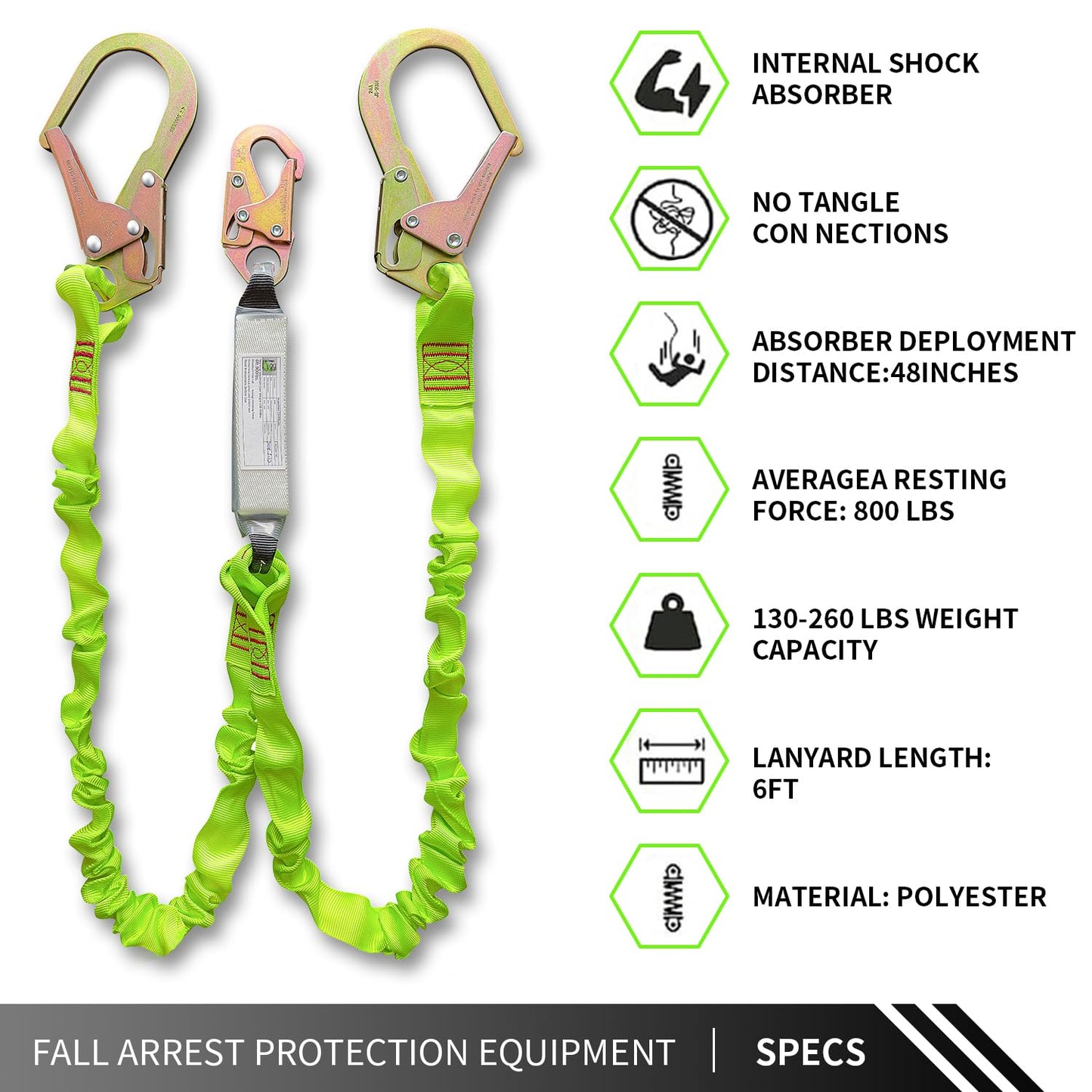 6FT Double Leg Internal Shock Absorbing Safety Fall Protection Lanyard with Dual Rebar & Snap Hook |Heavy-Duty Webbing | Roofer, Construction, Scaffolding | OSHA & ANSI Rated (A-Shock Absorbing)