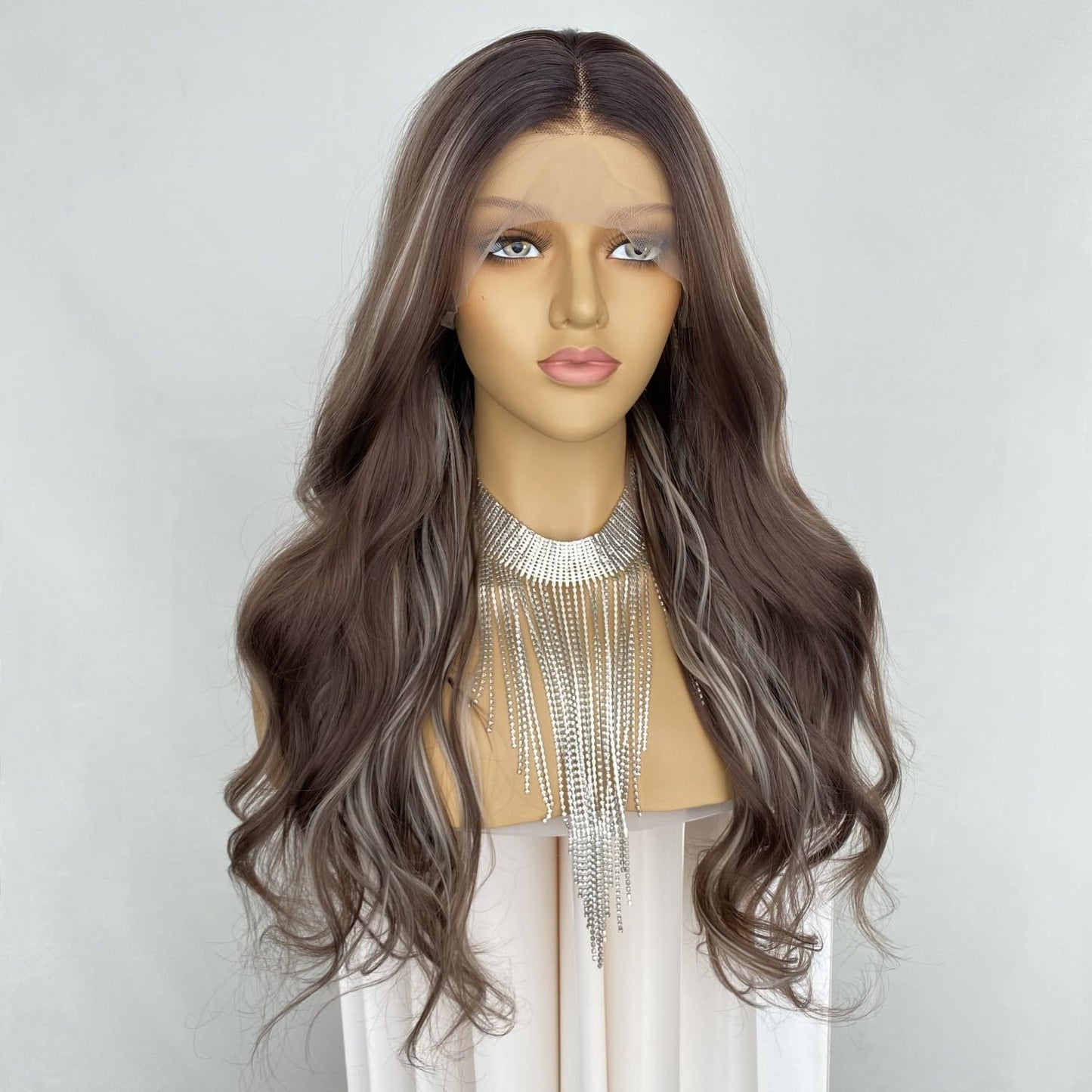CIMITIKI Flaxen Brown Colour Lace Front Wigs Highlight Ash Blonde Hair 13x4 Long Loose Wavy Ombre Synthetic Fiber Wig 22Inch for Women