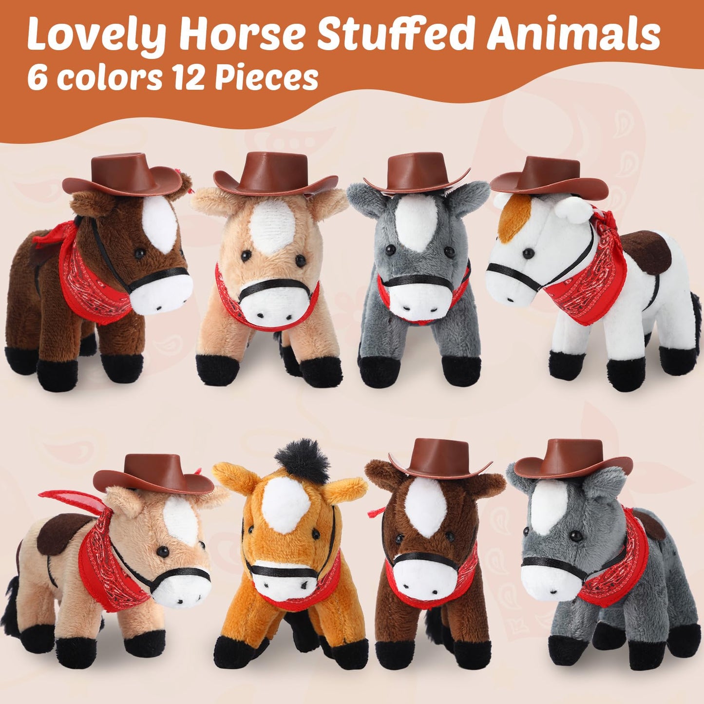 VercanMonth 12 Pack Mini Horse Stuffed Animals 4 Inch Mini Plush Doll with Tiny Cowboy Hat and Bandana DIY Crafts for Dollhouse for Adopt a Horse Party and First Rodeo Birthday Party Favor Supplies