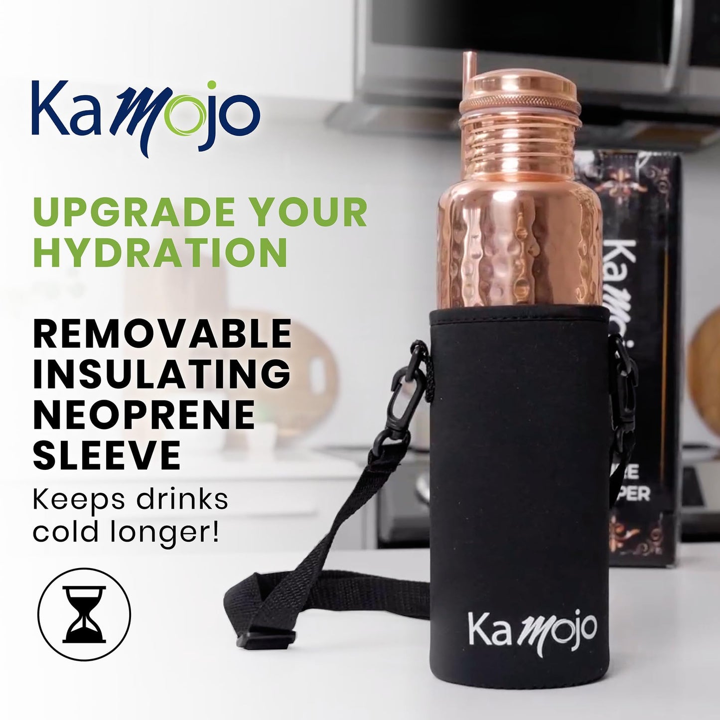 Kamojo Copper Water Bottle for Drinking - Hammered Pure Copper - Removable Insulating Sleeve & Straw - Leak Prooff Lid -Handcrafted Ayurvedic Cup for Water 32 fl oz