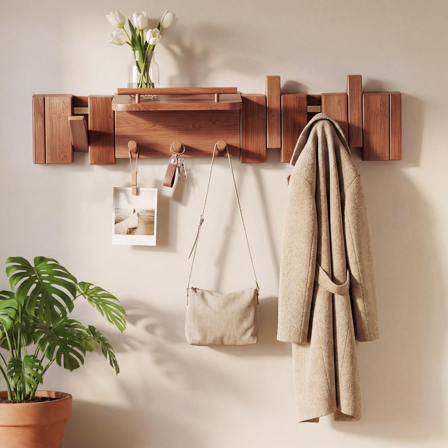 EasTeebw Mid Century Modern Walnut Foldable Entryway Wall Coat Hanger Hook with Shelf,Heavy Duty Wooden Piano Hidden Towel Hooks for Bathroom,Wall Rack for Purse&Key&Mail,Home Decor (Walnut, 7 Hooks)