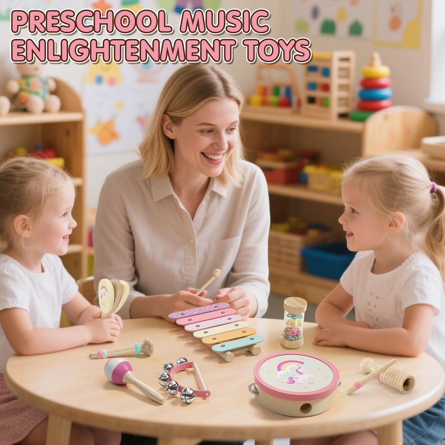 Lehoo Castle Baby Musical Instruments, Montessori Wooden Musical Toys for Toddlers 1-3, Kids Percussion Instruments with Xylophone Maracas, Educational Learning Toys Gift for 1 2 3 Year Old Girls
