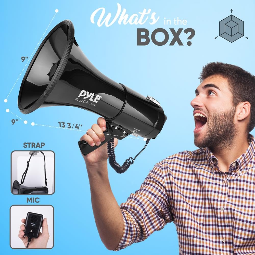 Pyle Megaphone Speaker PA Bullhorn with Built-in Siren 50 Watts & Adjustable Volume Control Ideal for Football, Baseball, Hockey, Cheerleading Fans & Coaches or for Safety Drills - PMP53IN