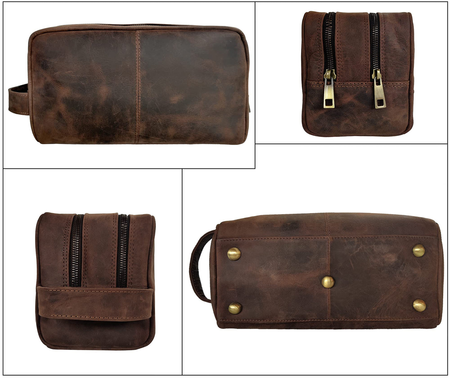 RUSTIC TOWN Full Grain Leather Travel Toiletry Bag - Dopp Kit Organizer (Dark Brown)