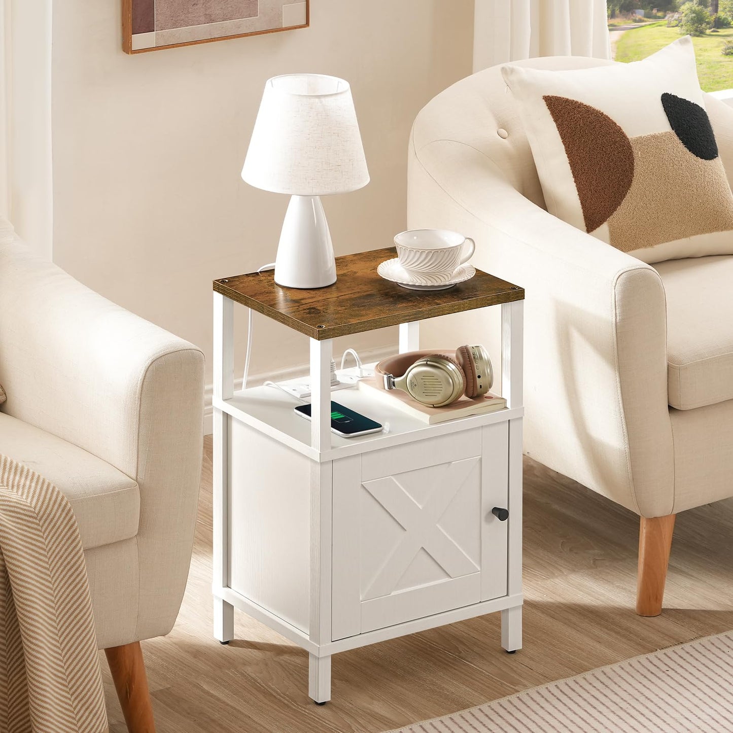 MAHANCRIS Farmhouse Nightstand with Charging Station, Barn Door End Table with USB Ports and Storage Cabinet, Bedside Table for Bedroom, Living Room, Small Space, White and Rustic Brown ETRW96E01