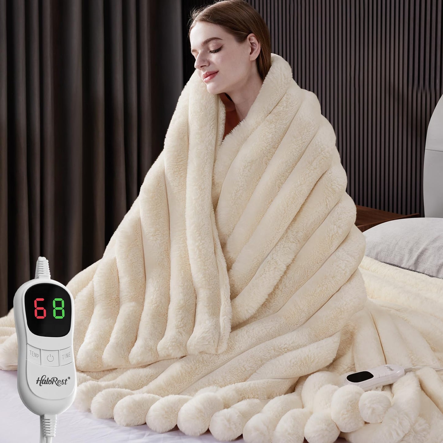 HaloRest Heated Throw Blanket, Faux Fur Cozy Heating Blanket with Overheat Protection, 1/2/4/6/8 Hours Auto-Off 10 Heat Level, Machine Washable (50x60 Inches, Cream White)