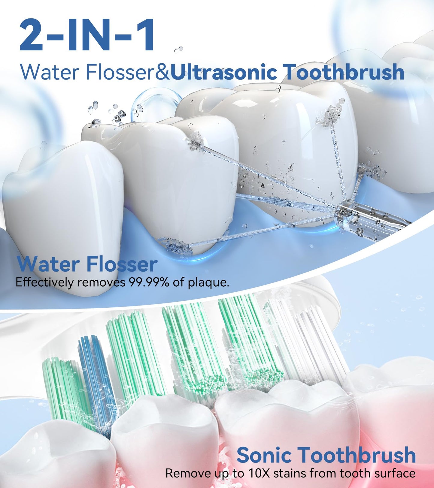 Water Flosser & Ultrasonic Electric Toothbrush Combo, 600ML Water Dental Flosser Toothbrush with 7 Jet Tips, 10 Adjustable Water Pressure, 5 Toothbrush Heads for Home Use, Gums, Braces (White)