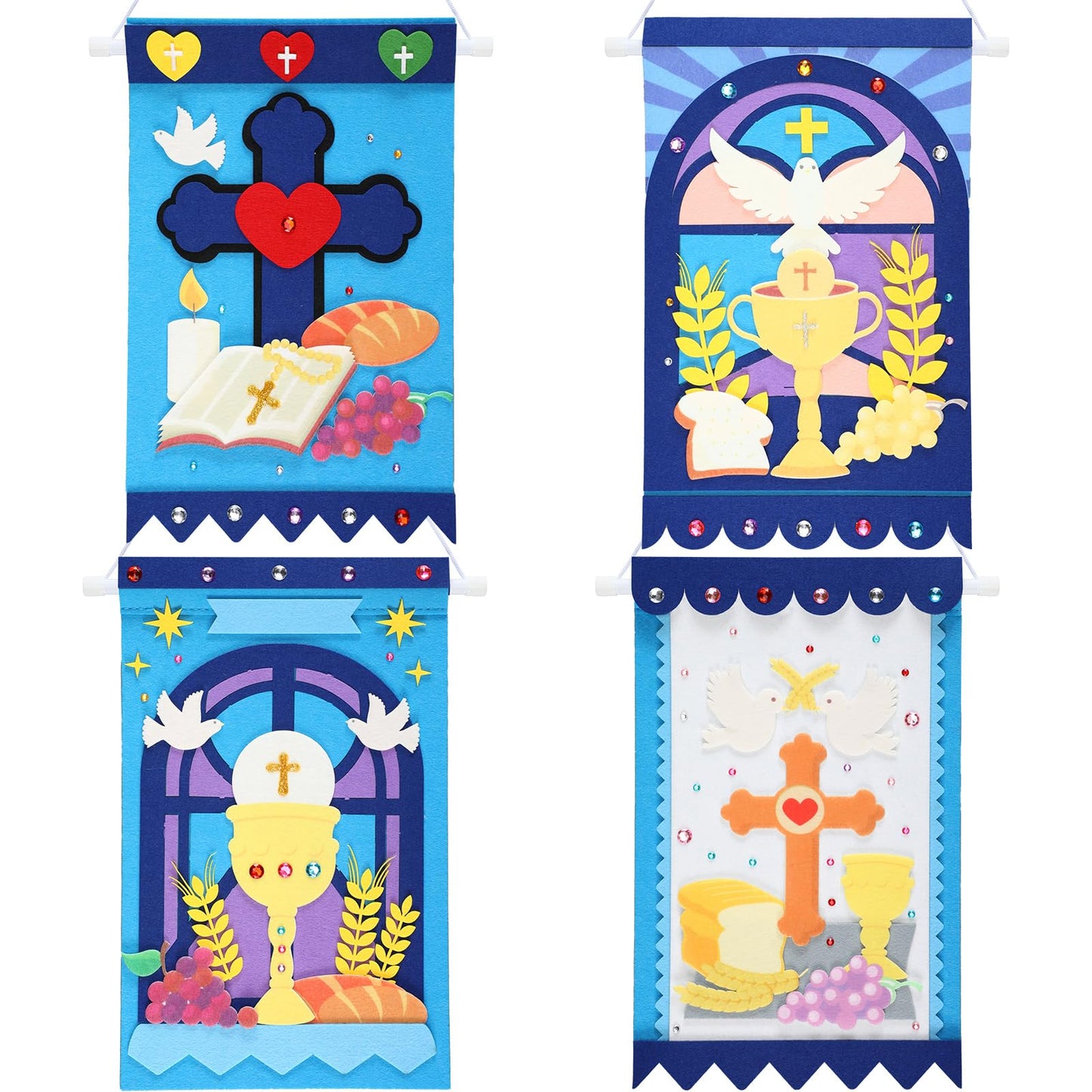 HunnmingRe 4 Set First Communion Banner Kits for Boys Girls 9 x 14 Inch First Holy Communion Banner Kits Sunday School DIY Arts and Crafts Kit for Boys Baptism Church Decoration Holy Ceremony