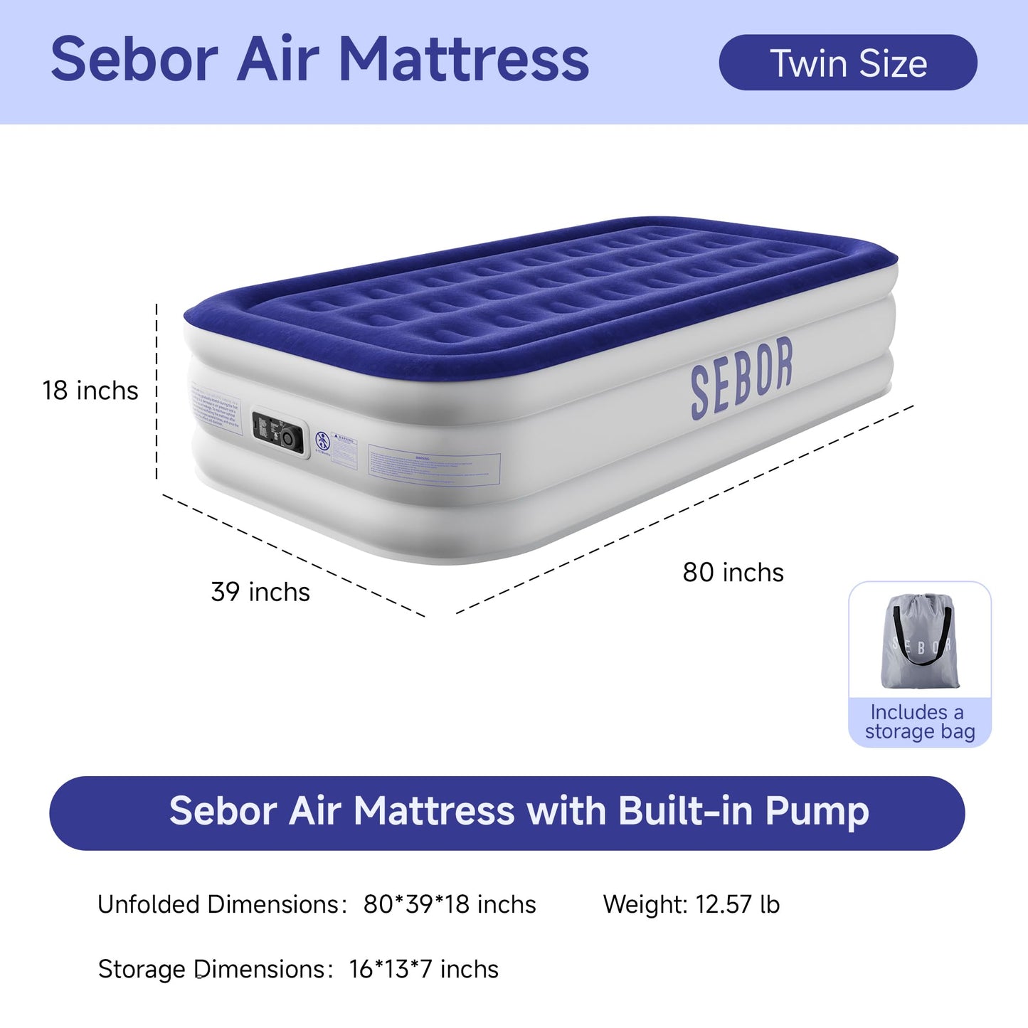 Sebor Air Mattress Twin with Built-in Pump 18", Comfortable Self-Inflating Air Mattress with High-Speed Pump, Durable Blow Up Mattress Twin with Storage Bag for Guests, Camping, Travel