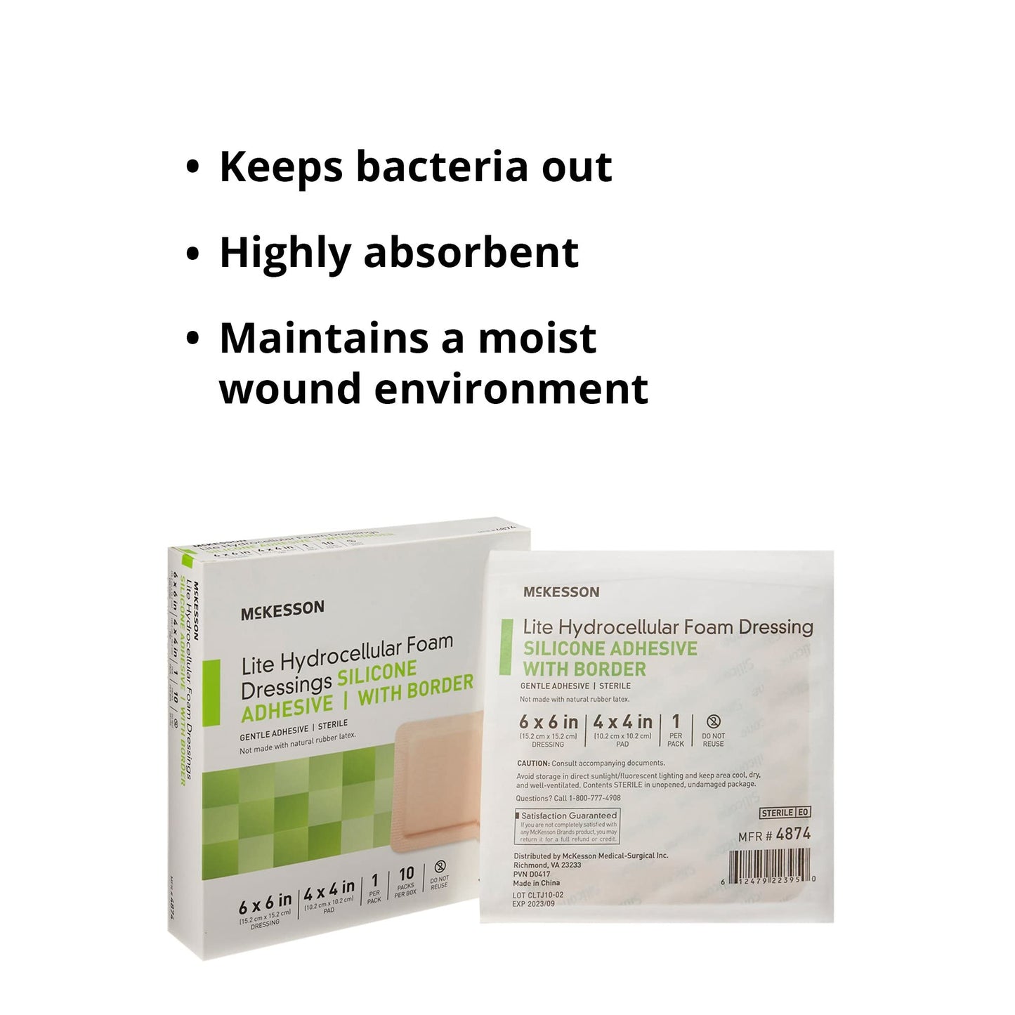McKesson Lite Hydrocellular Foam Dressings, Sterile, Silicone Adhesive with Border, 6 in x 6 in, 10 Count, 1 Pack