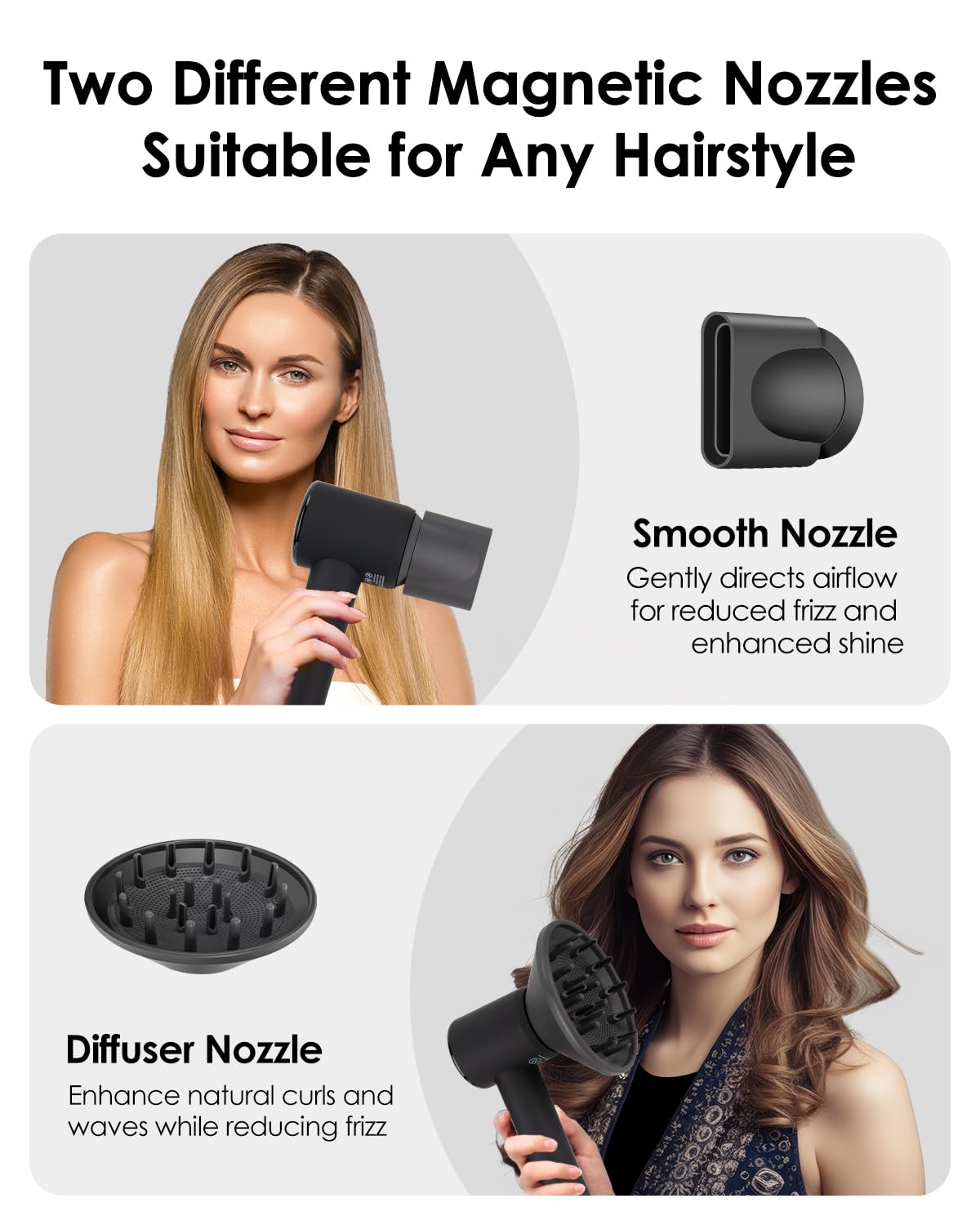 Chignon Ionic Hair Dryer with Diffuser - 110,000 RPM Brushless Motor, Smart Temperature Display & Magnetic Attachments, Low Noise 110V for Fast Professional Styling