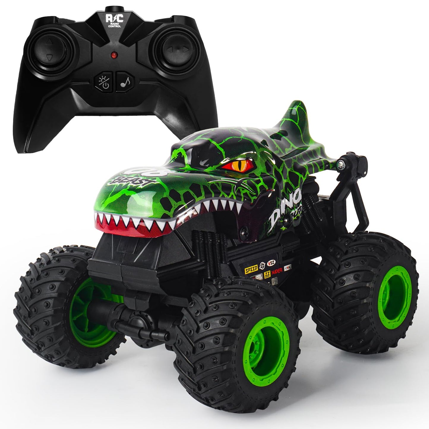 Gohero Monster Truck Toys for Kids, 1:20 Dinosaur Toys RC Car Truck with 360° Spins & Drifting, 2.4GHz All-Terrain Monster Trucks for Boys Age 4-7 | with LED Light, Music & 2 Rechargeable Batteries.